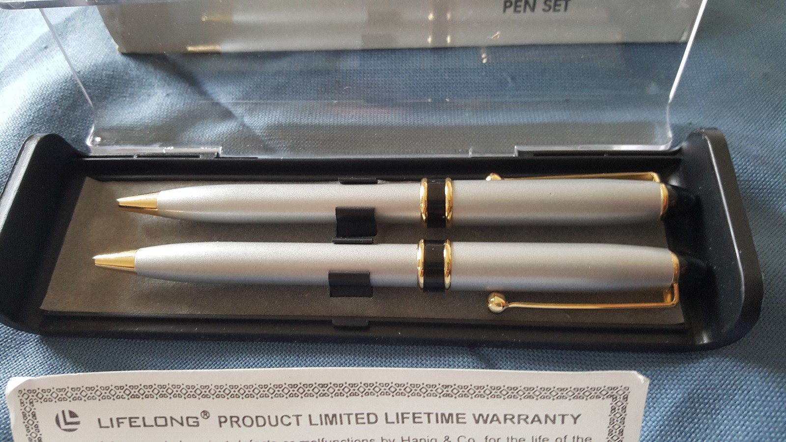 Life Long 2 Piece Pen Set Brushed Grey Textured Goldtone & Black Trim