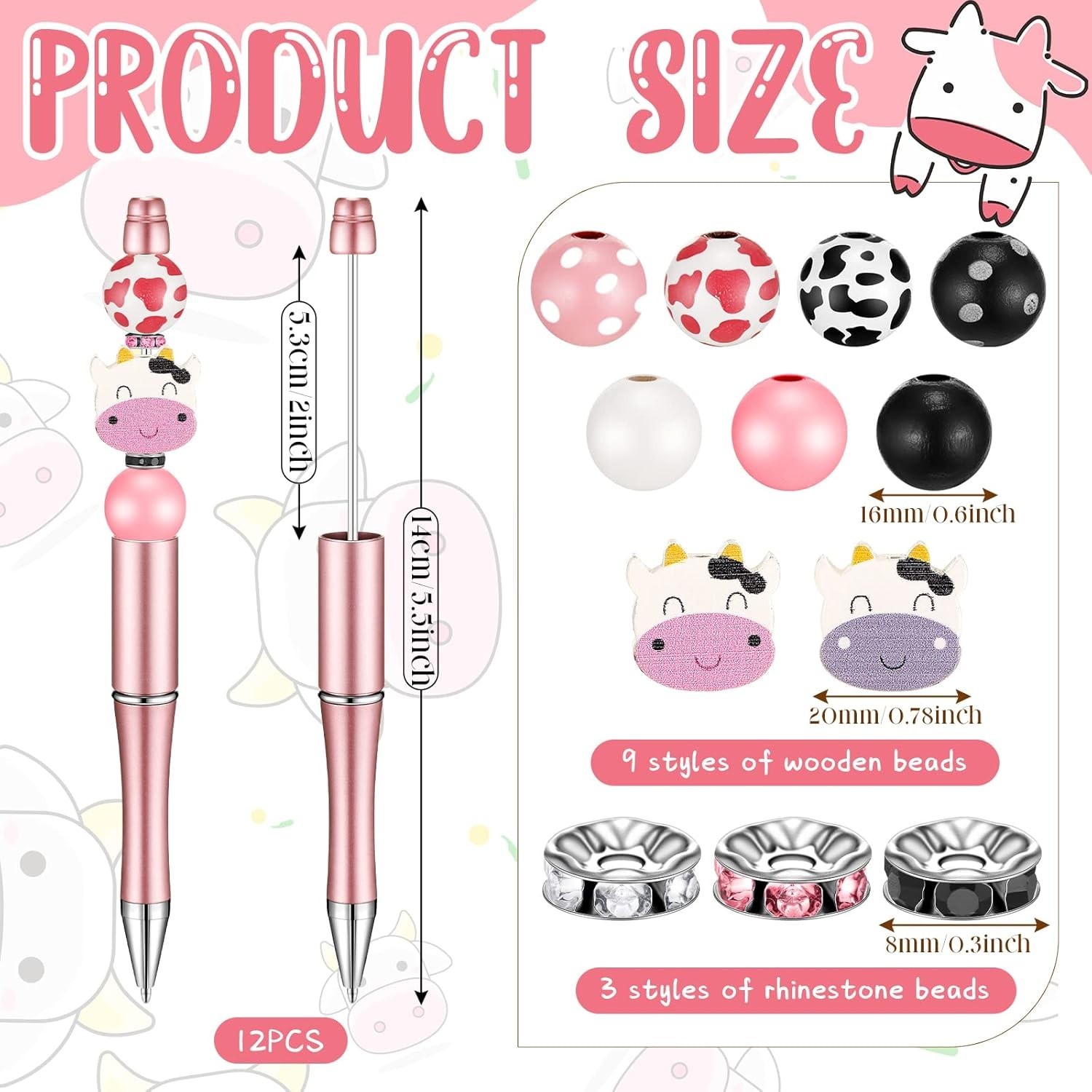 12 Lightweight DIY Bead Pens in Cow Print – Fun Gift for Creative Minds