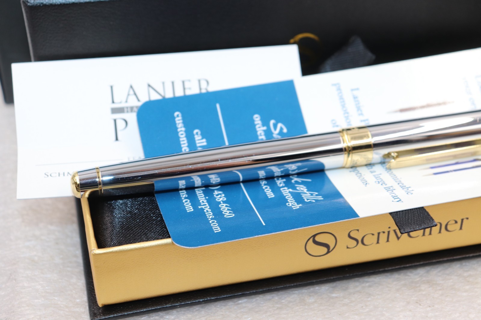 Scriveiner London Silver Gold Roller Ball Luxury Pen Gold Trim with Box