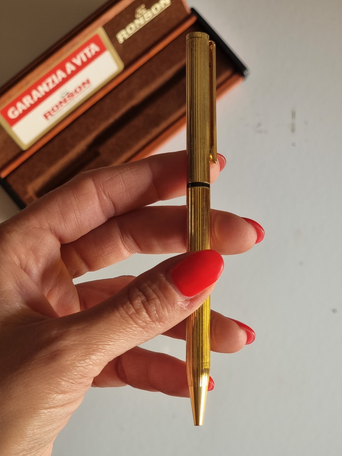 Ronson Gold Plated Ballpoint Pen with Wooden Case – Vintage, with Warranty
