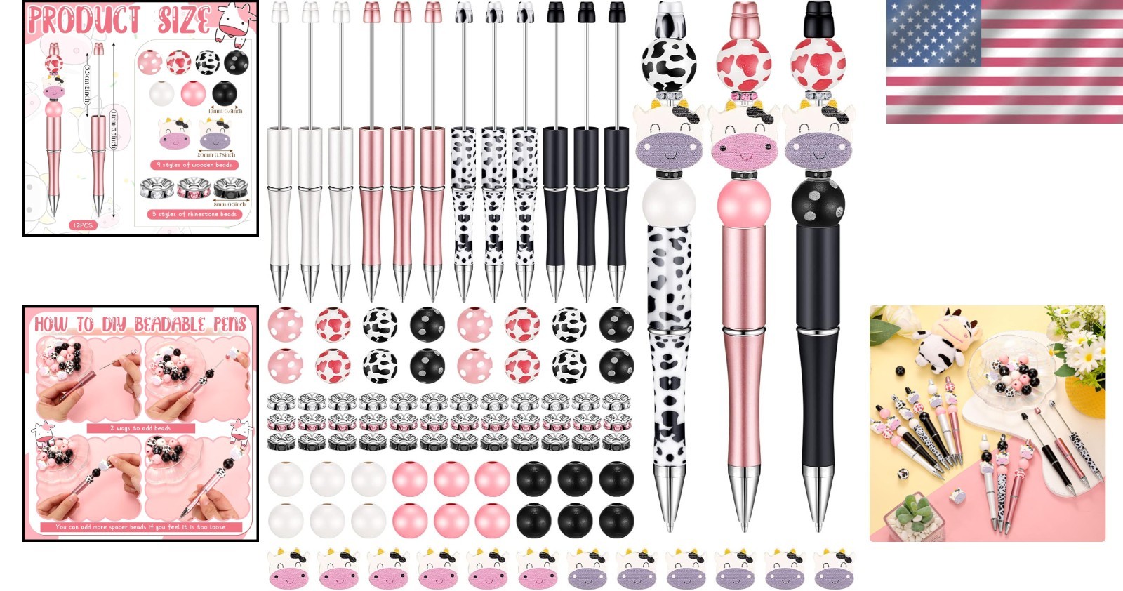 12 Lightweight DIY Bead Pens in Cow Print – Fun Gift for Creative Minds