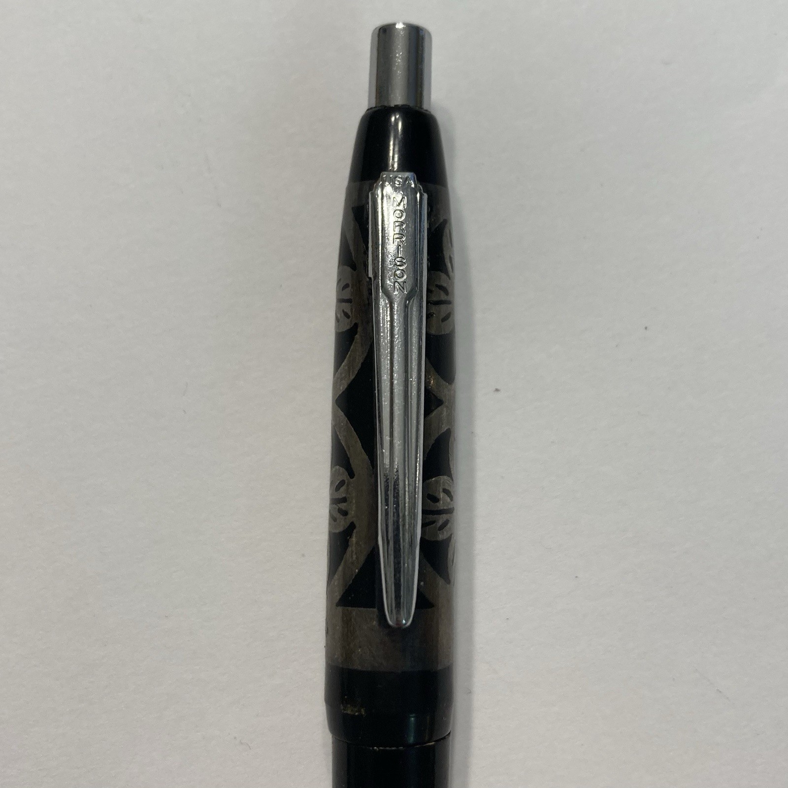 VINTAGE MORRISON STERLING SILVER FILIGREE OVERLAY BALLPOINT PEN BLACK CLOVER