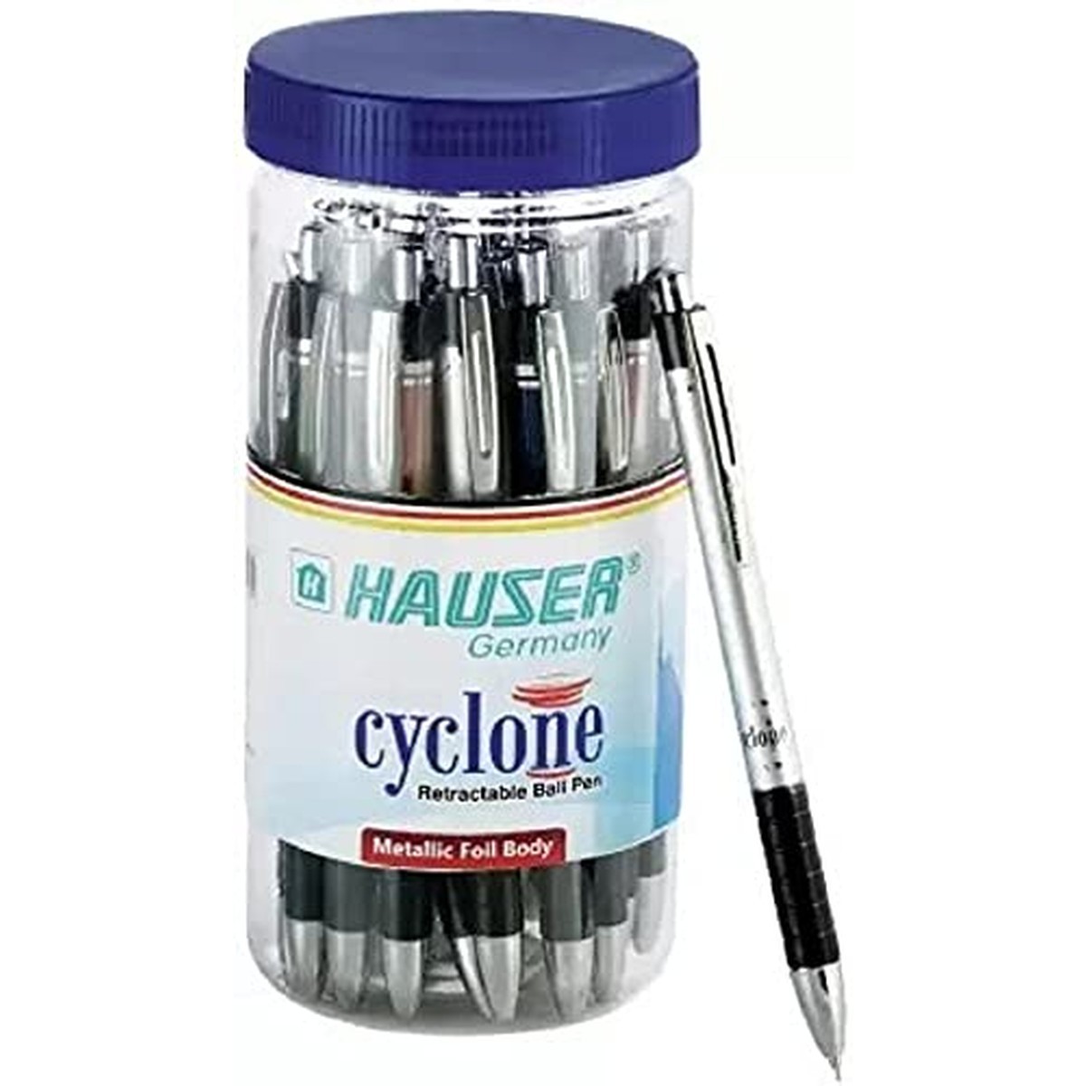 Hauser Cyclone Retractable 0.7Mm Ball Pen Jar Foil Grip Smudge Ink Of 25 Pens