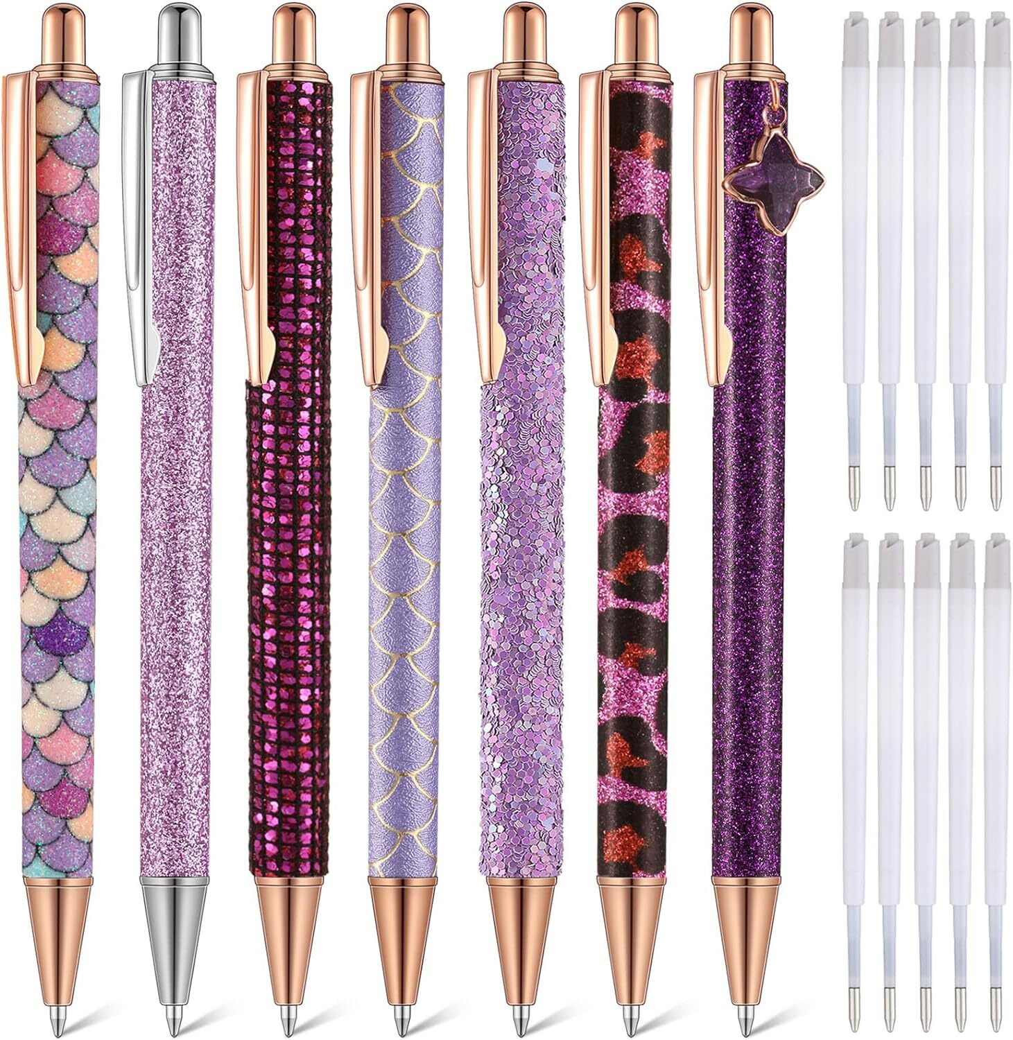 7 Pcs Fancy Pens for Women Cute Pens Glitter Pens – 10 Pcs Black Ink Refills