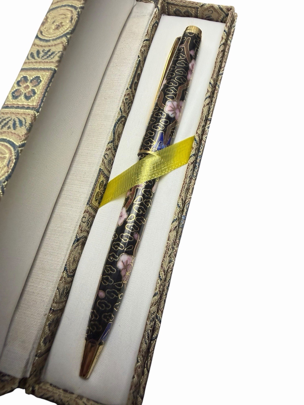 Vintage Cloisonné Floral Enamel Pen w/ Brocade Box Asian Style (Needs Refill)