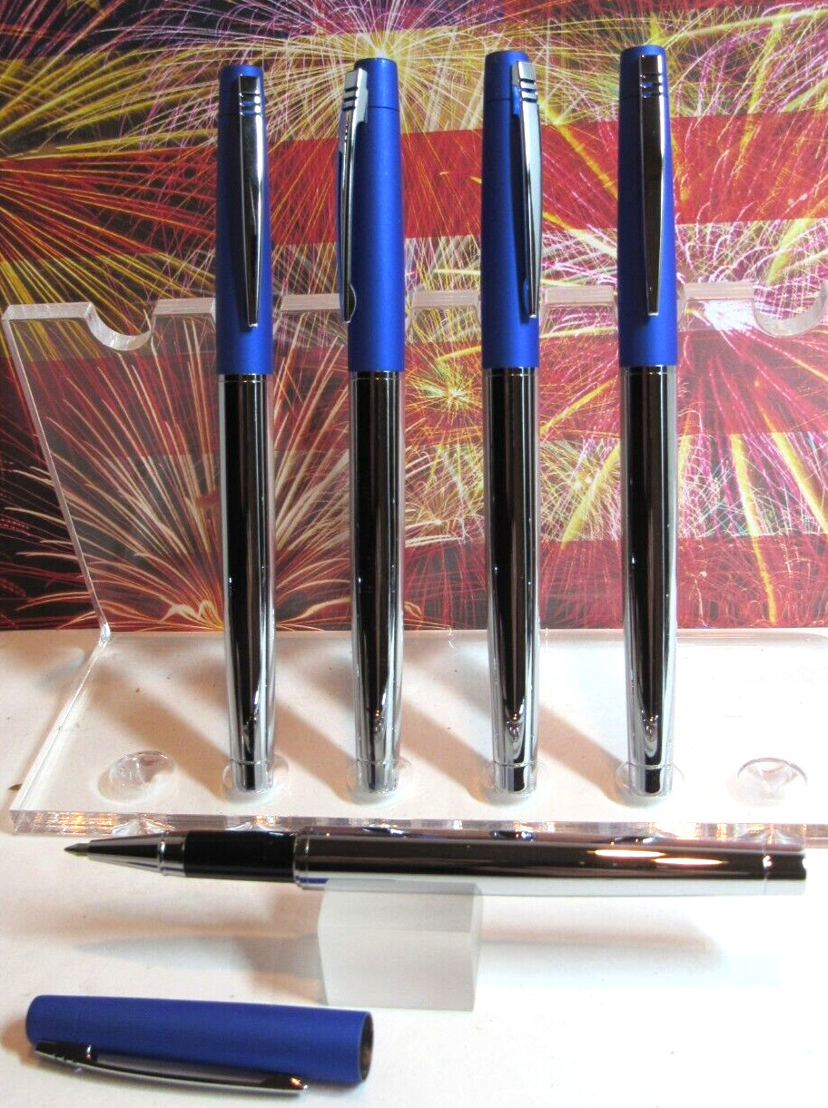 LOT OF 5 SLIM BLUE/CHROME Metal Rollerball Pen-lightweight, cap posts
