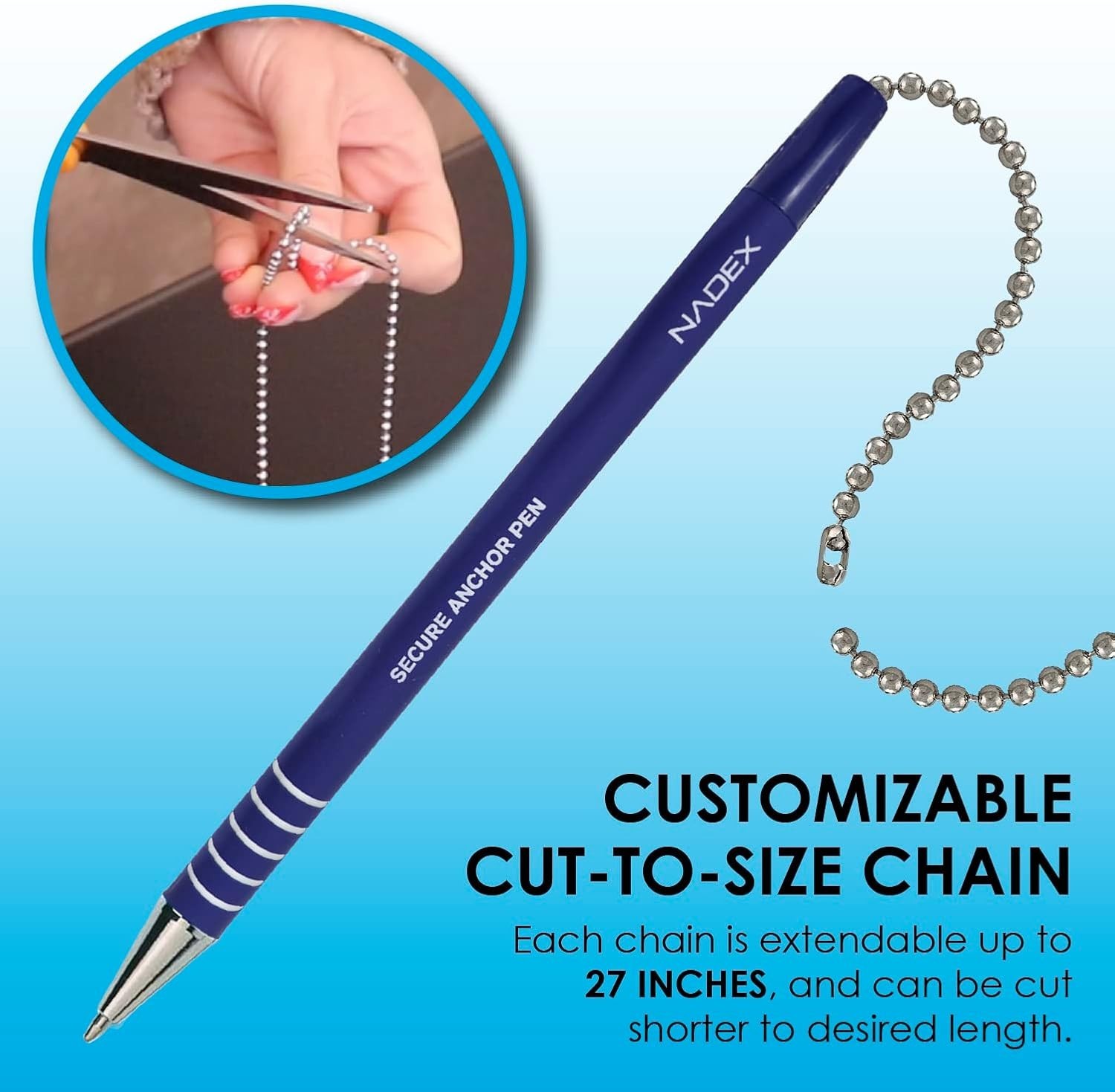 Blue Security Pen Set: 12 Refillable Pens with Safety Chains and Mounts Included