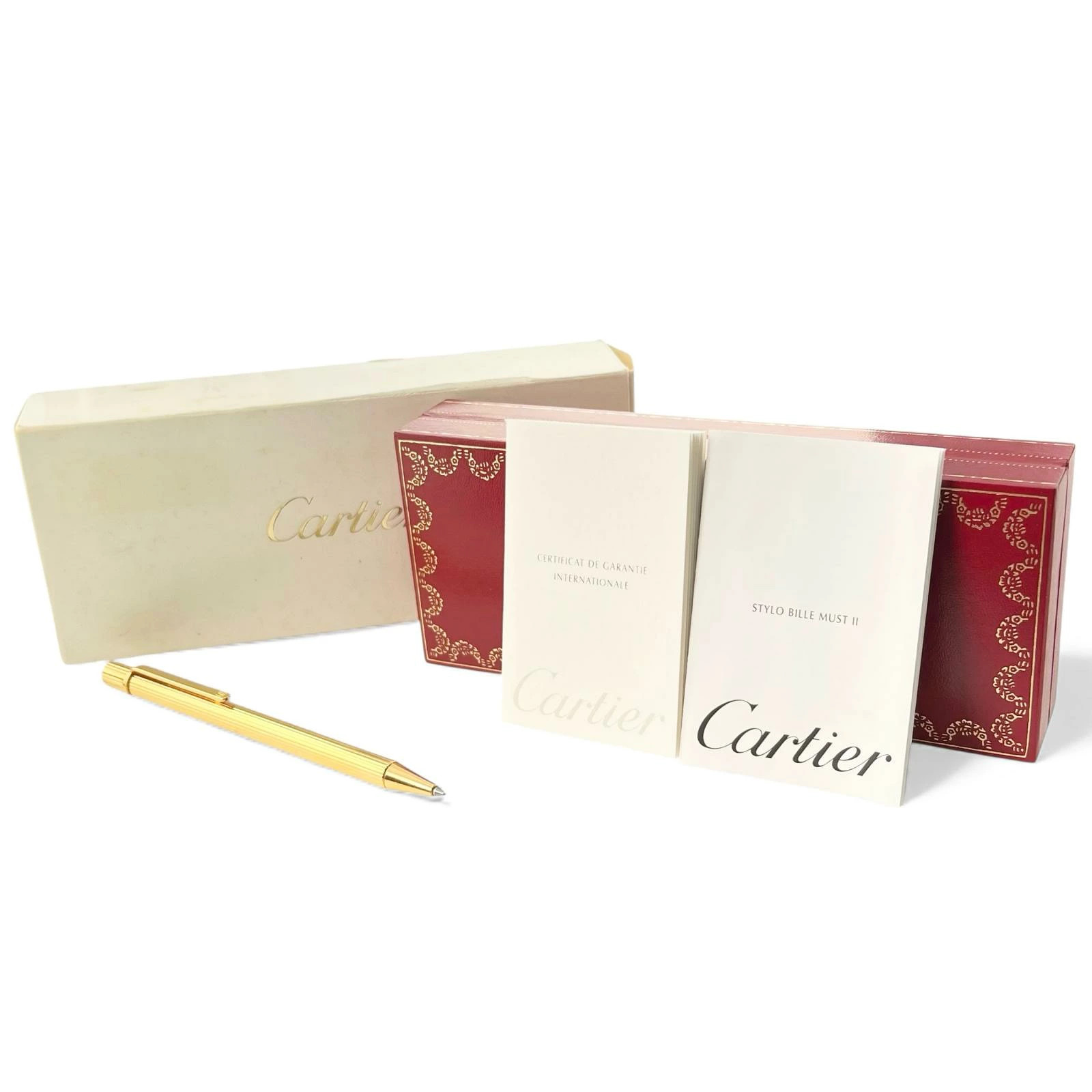 Must de Cartier Stripe Ballpoint Pen Gold Twist w/Case Box France Unisex Logo