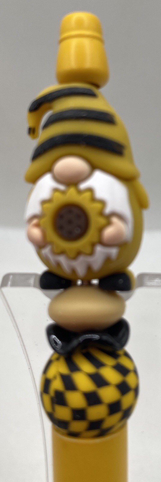 Beaded Pen,gnome Holding Sunflower.yellow,black And Checked Bead,yellow Pen