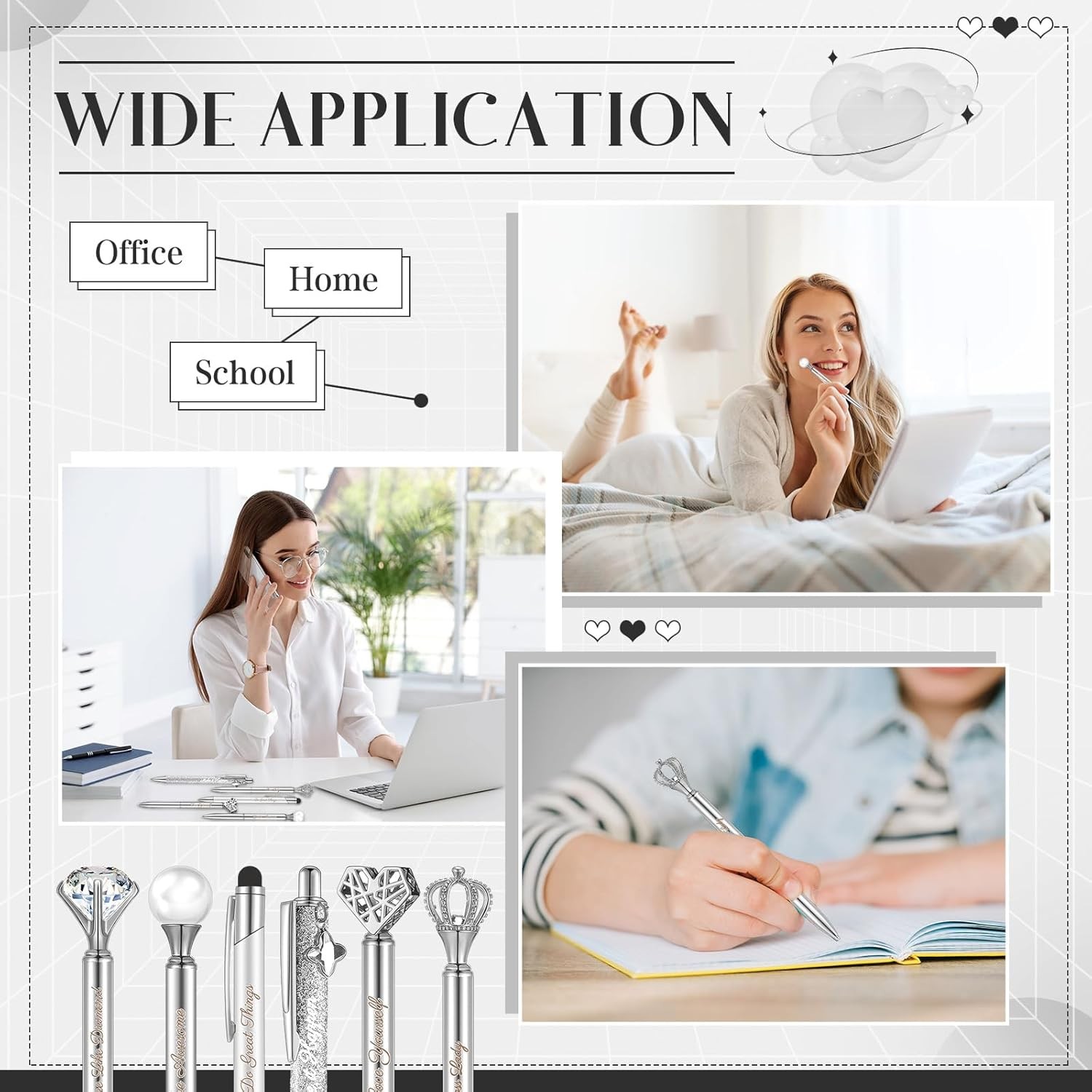 6 Pcs Crystal Diamond Ballpoint Pens for Women Girls Journaling Gifts Silver