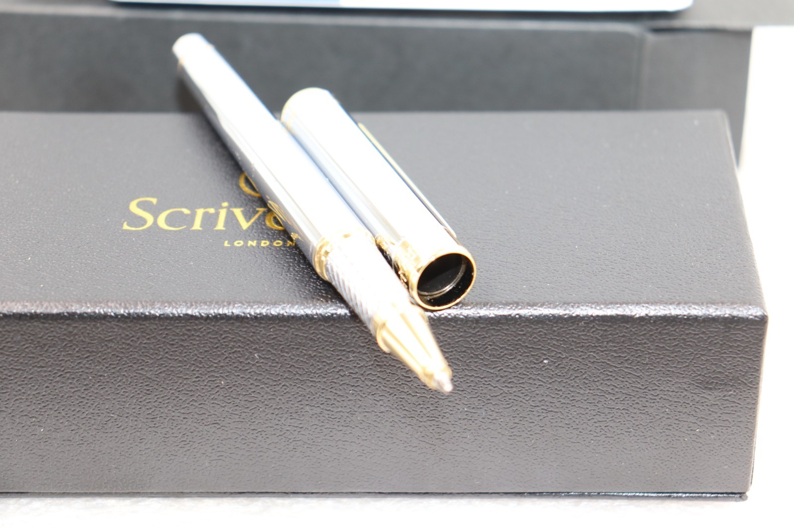 Scriveiner London Silver Gold Roller Ball Luxury Pen Gold Trim with Box