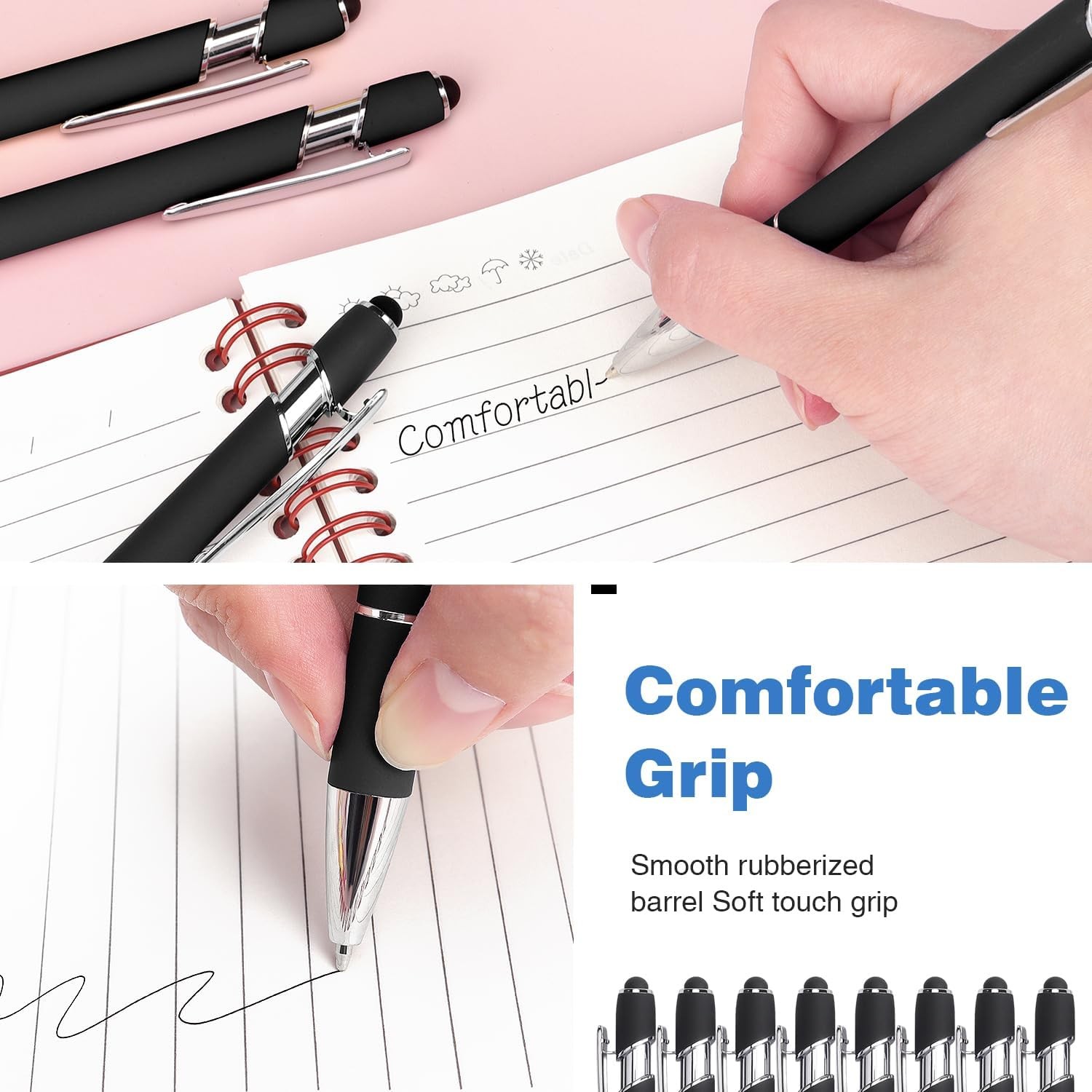 8pc Black Ballpoint Pen 2n1 Stylus-Retractable Metal Pen w/ Stylus Tip for Scree