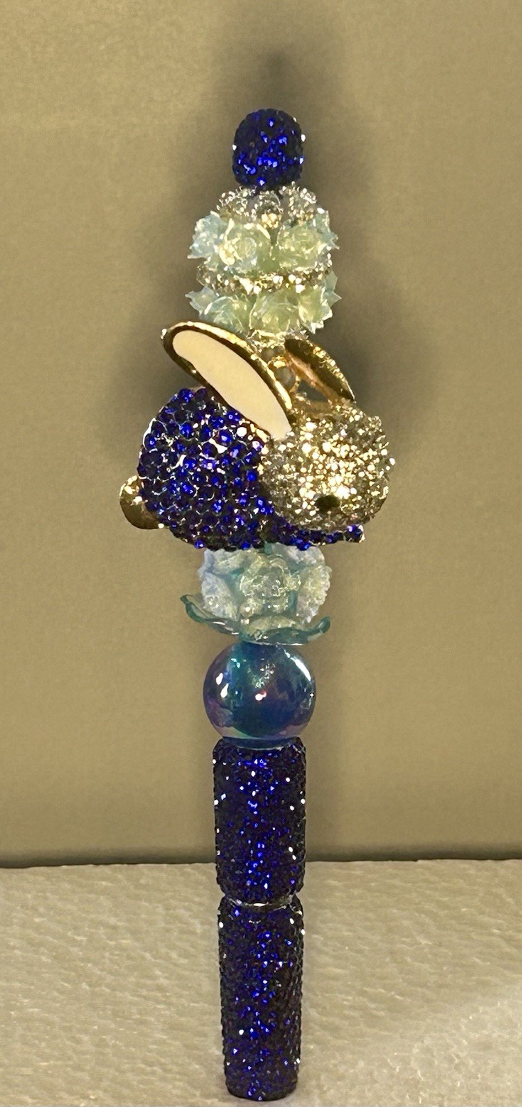 Blue And Gold Bunny With A Beautiful Rhinestone Pen Base With Roses