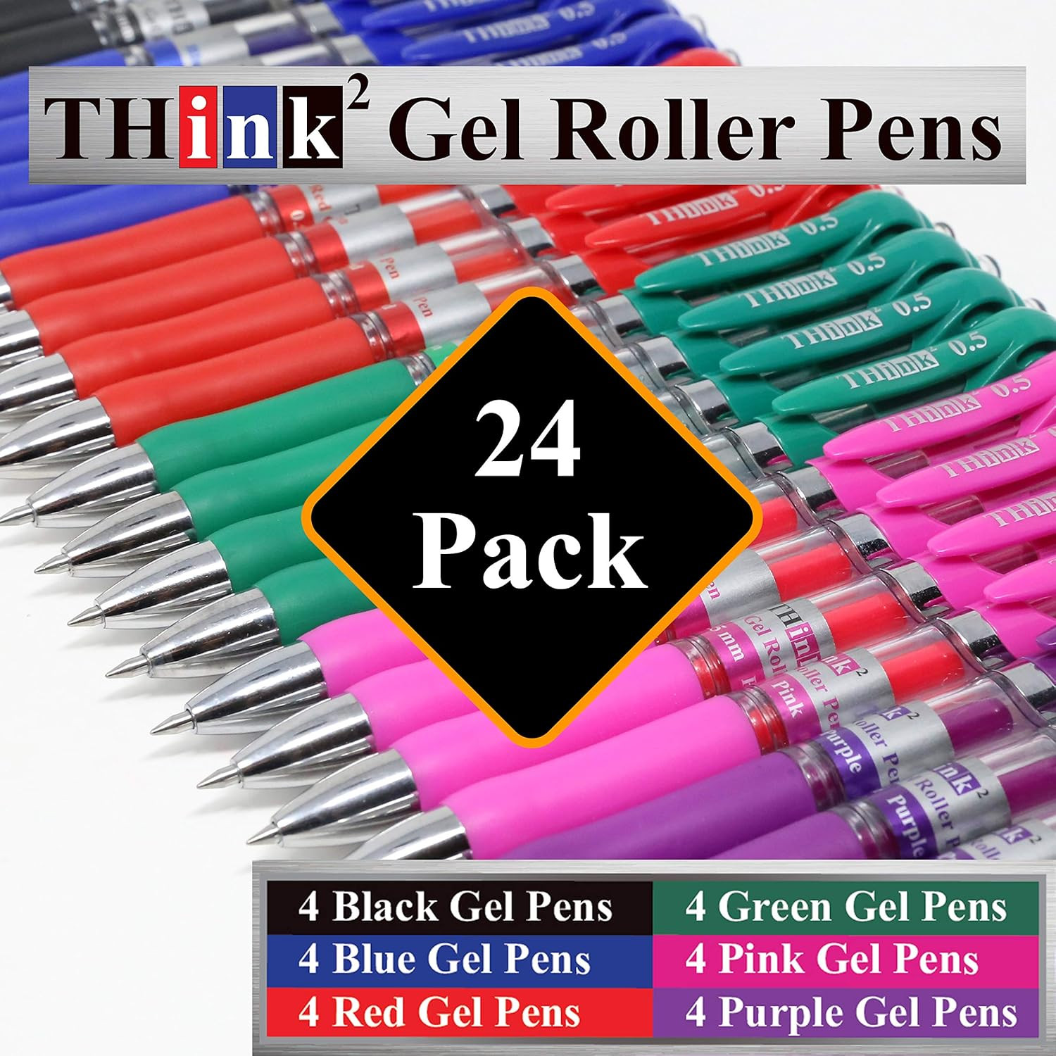 [24 Pens – 4Black, 4Blue, 4 Red, 4 Green, 4 Pink, 4Purple Ink] Think2 Retractab