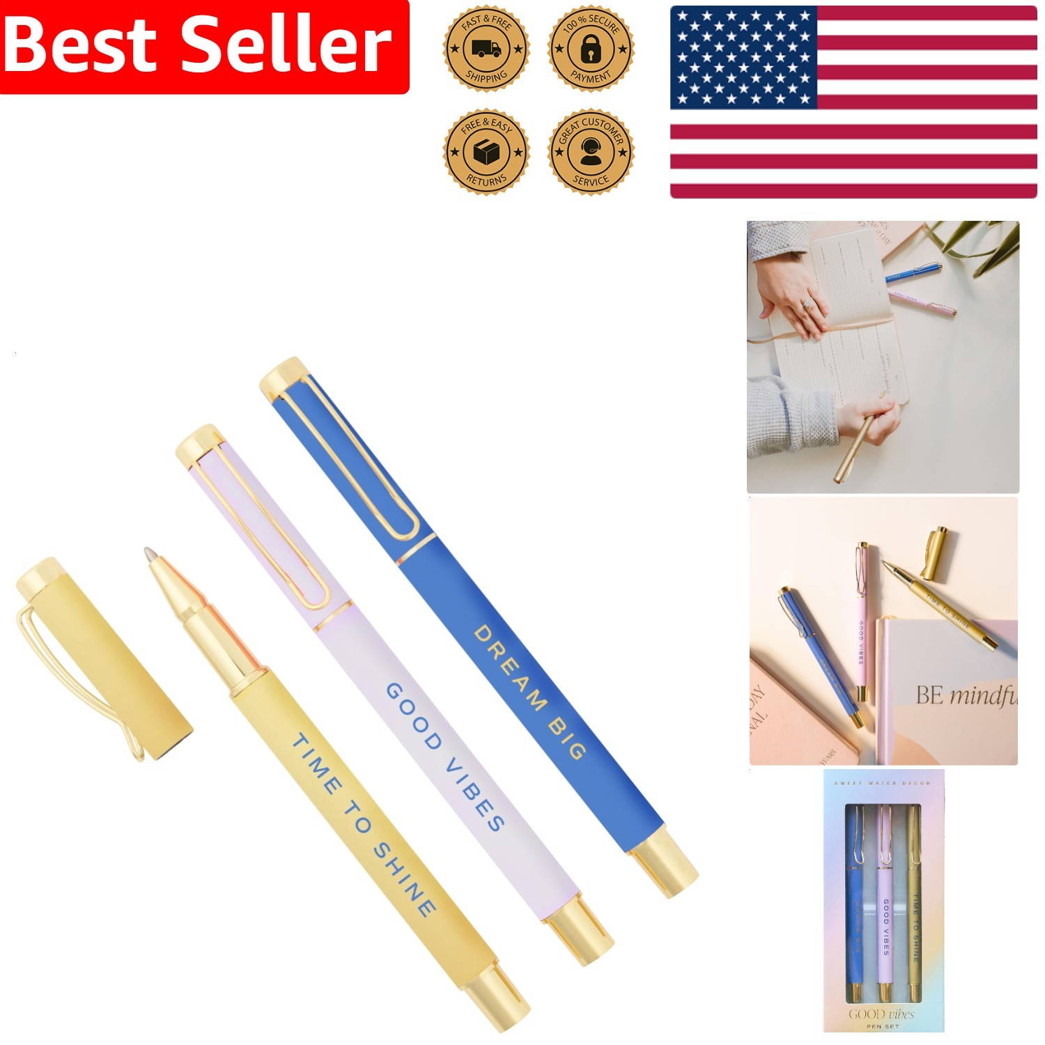 3pk Metal Ballpoint Pens Inspirational Quotes Good Vibes Set Black Ink