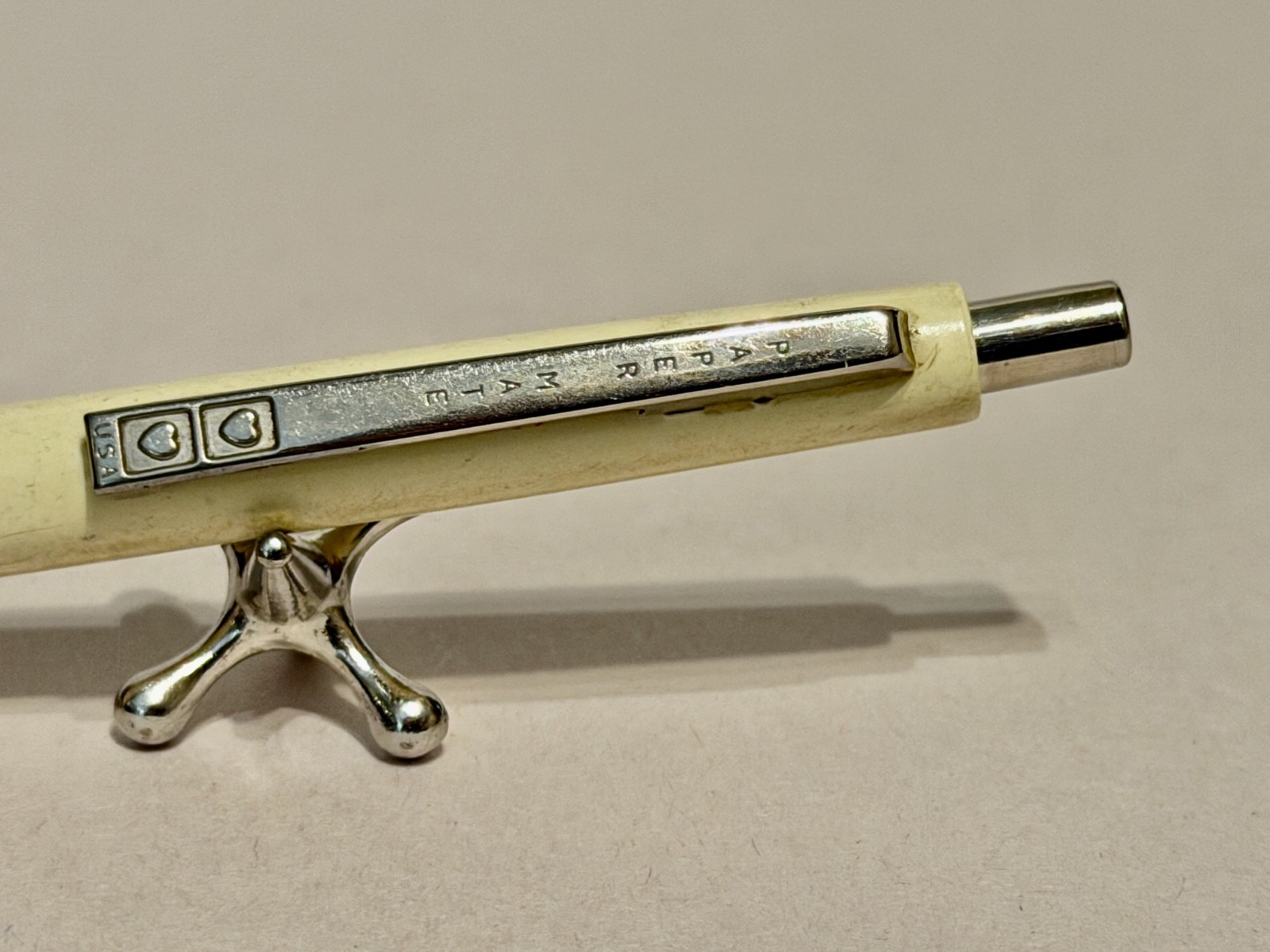 Vintage Paper Mate Double Heart Ballpoint Pen Ivory Made USA