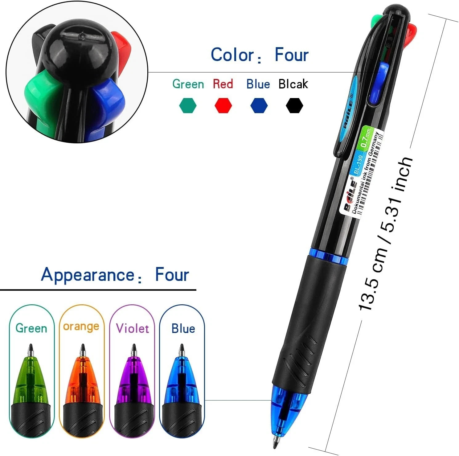 4 Pack Multicolor Ballpoint Pens 4-In-1 0.7Mm Colored Retractable Ballpoint Gift