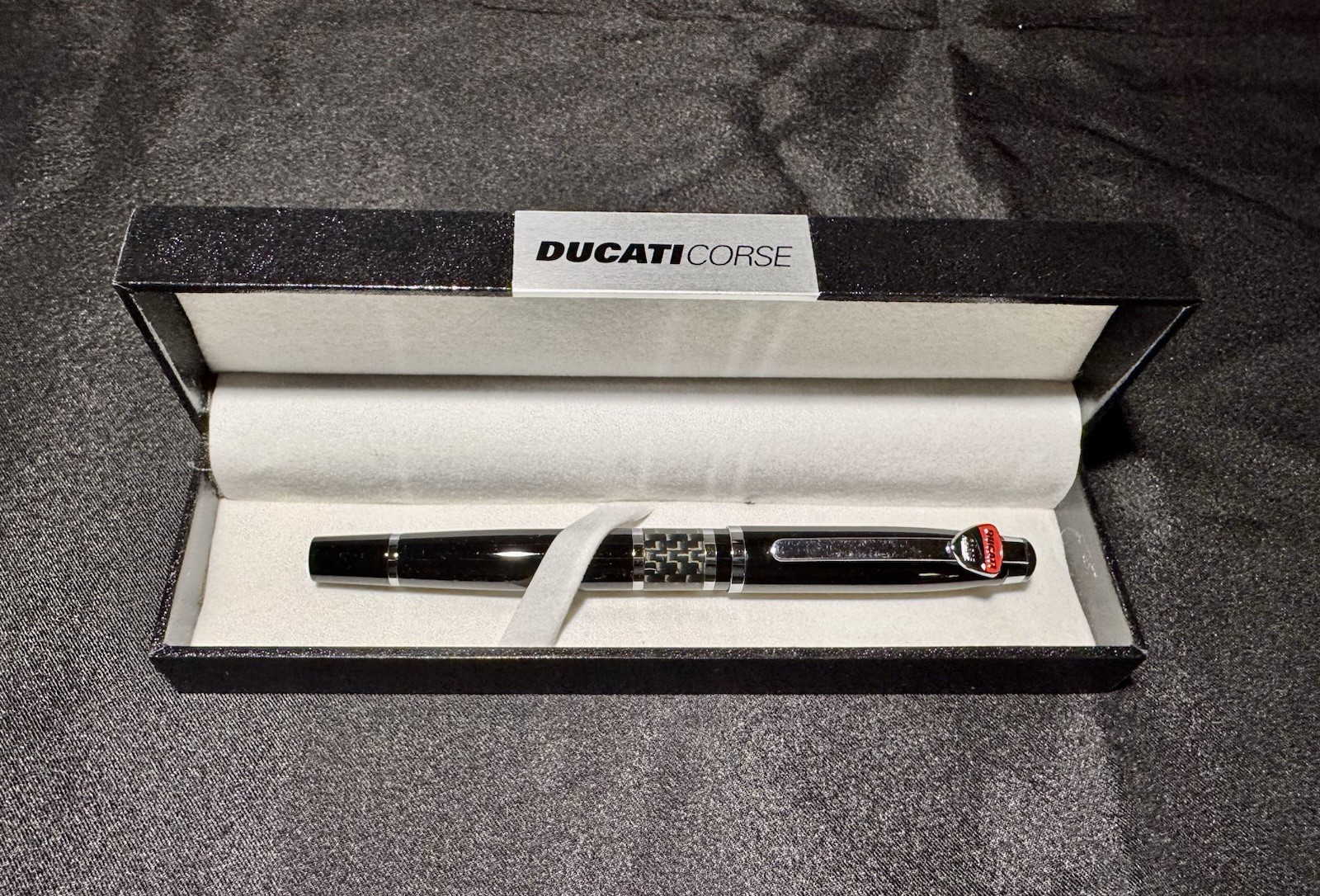 Ducati Corse 14 Official Black Ballpoint Pen w Carbon Fiber Band. P/N 987685915