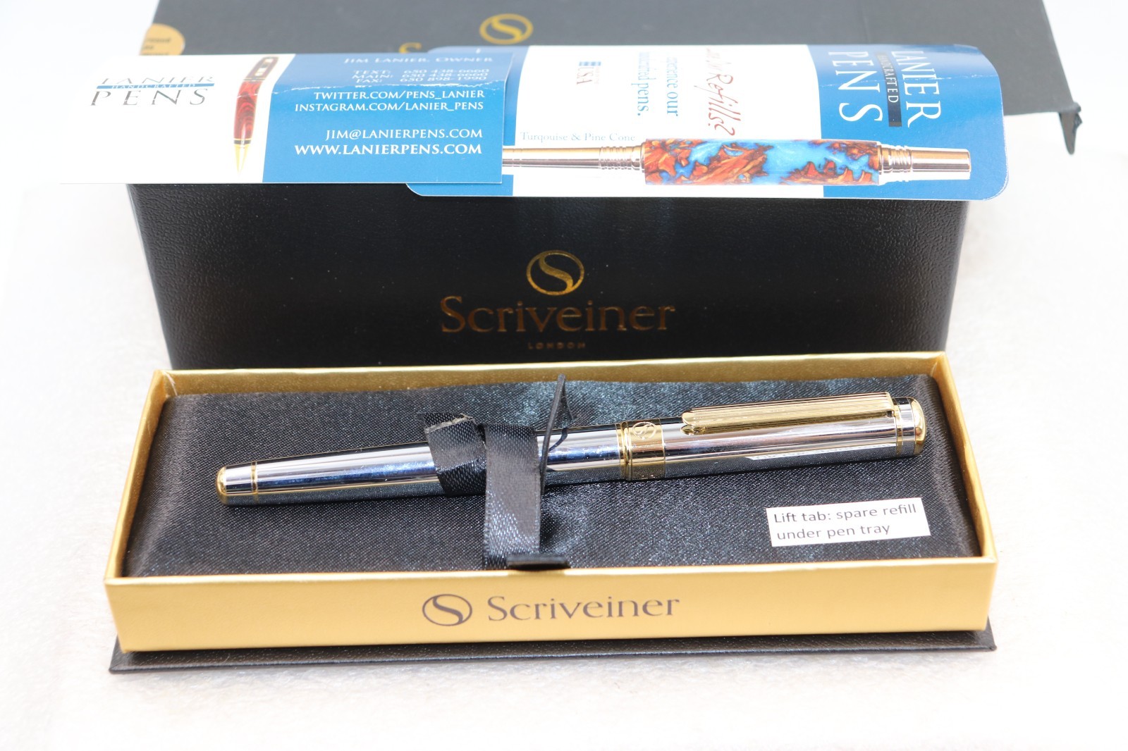Scriveiner London Silver Gold Roller Ball Luxury Pen Gold Trim with Box
