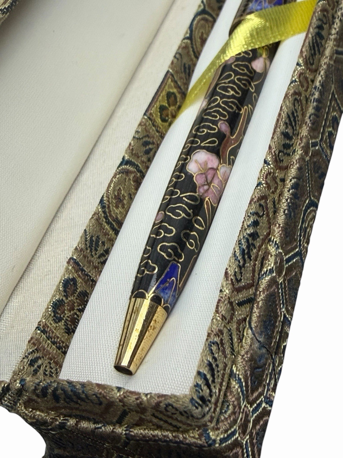 Vintage Cloisonné Floral Enamel Pen w/ Brocade Box Asian Style (Needs Refill)