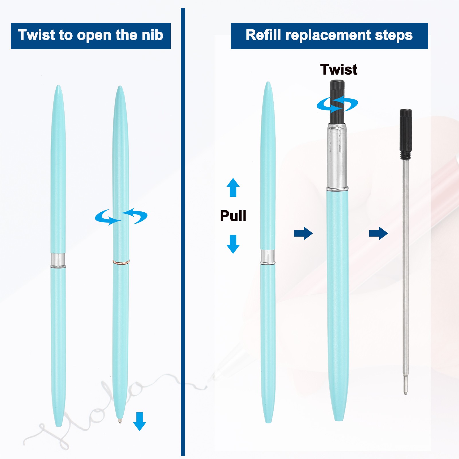 5 x Slim Metal Ballpoint Pen Black Ink 1mm Medium Point Pen, Light Blue