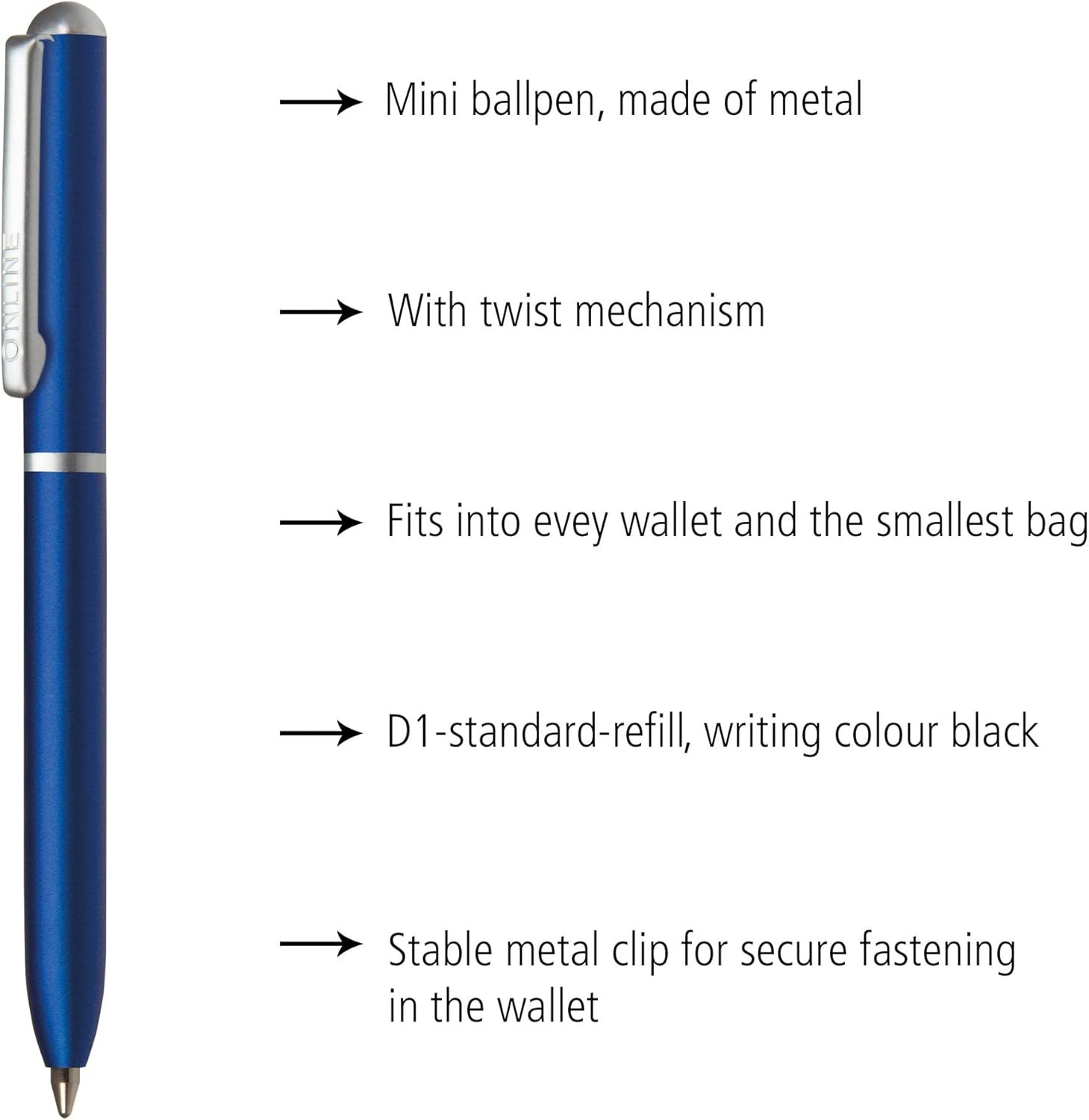 Mini Twist Ballpoint Pen Blue with Metal Clip │ Standard Pen Refill │ Small Pens