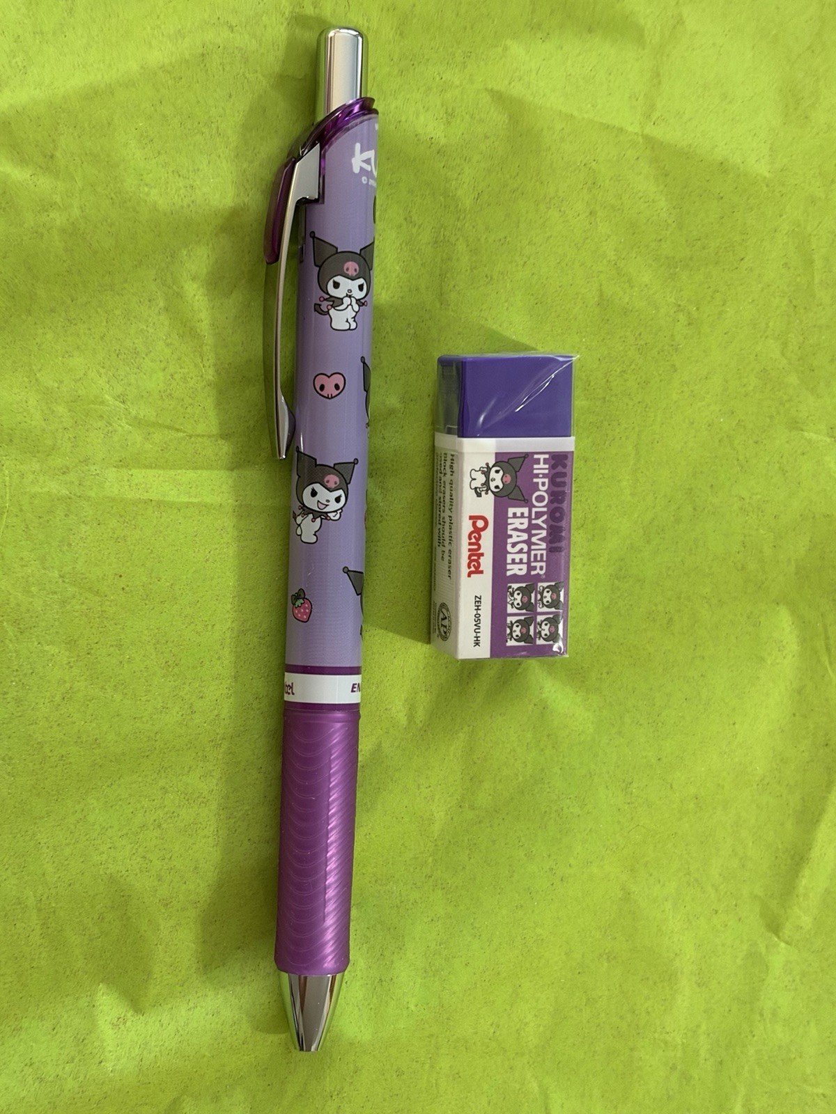 SANRIO & PENTEL Kuromi Energel Gel Pen, Eraser & Sanrio Characters Pouch NEW