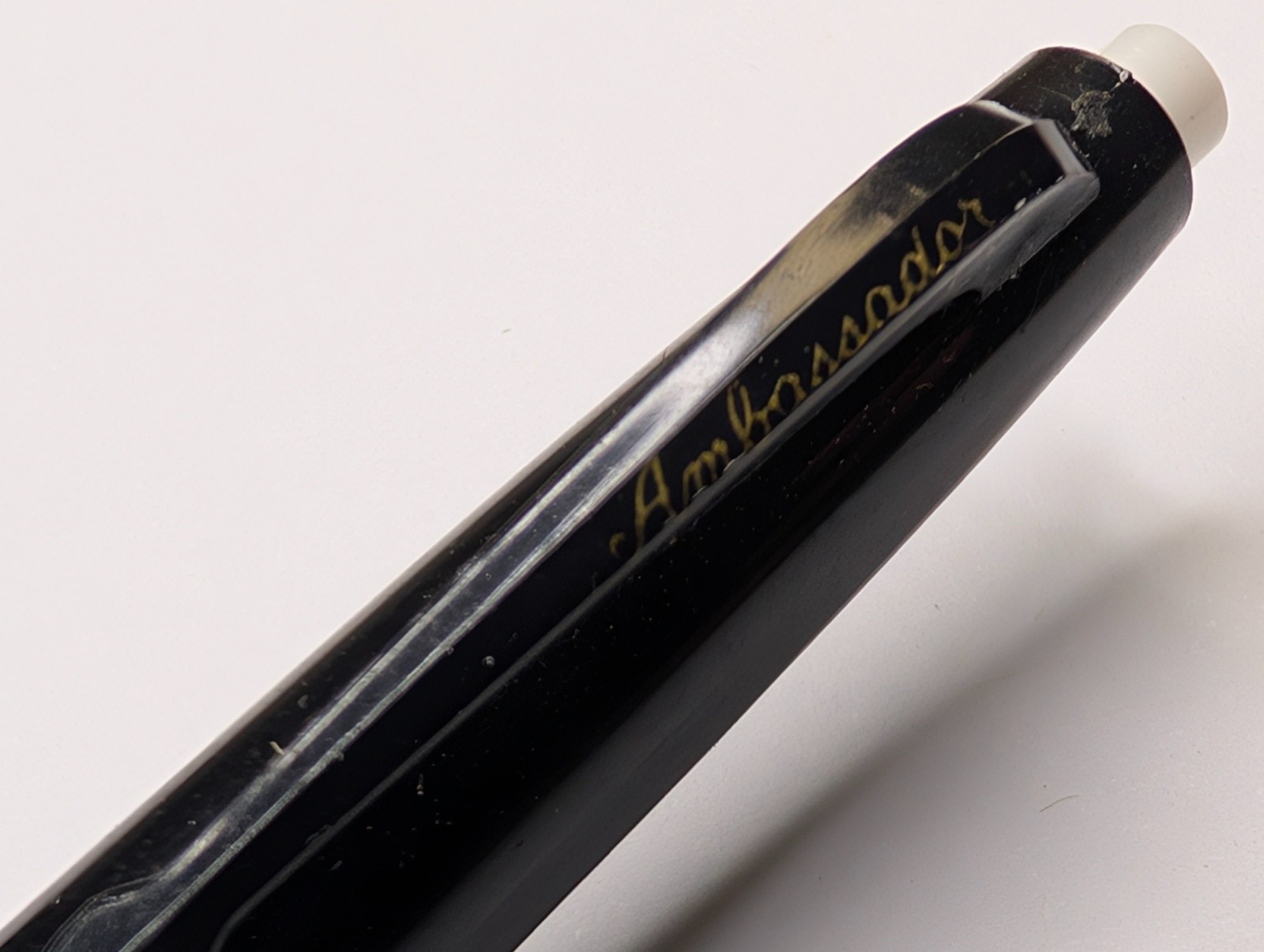 c1980s Ambassador SKB IOI Black Plastic Ballpoint Pen Gold Ring Vtg Retro G16