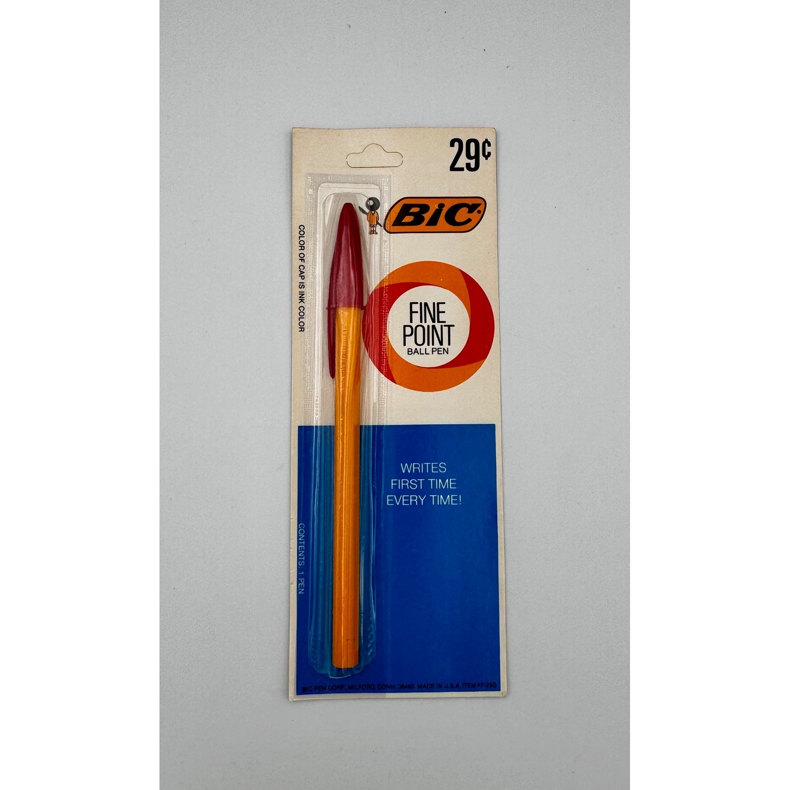 Vintage BIC Fine Point Ball Pen 29¢ F-25B Orange Barrel Maroon Cap Red Ink NOS