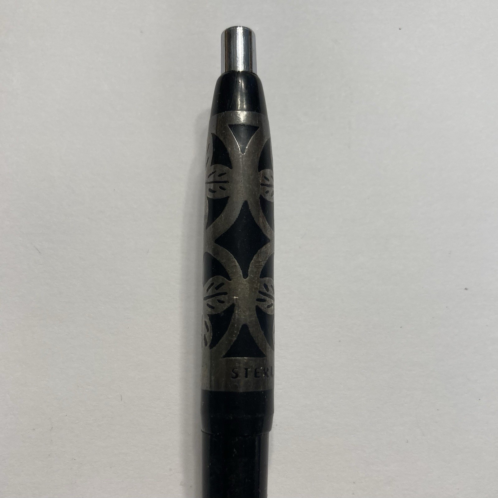 VINTAGE MORRISON STERLING SILVER FILIGREE OVERLAY BALLPOINT PEN BLACK CLOVER