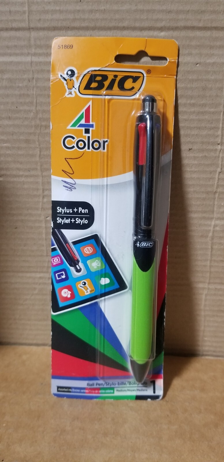 BIC 4 Color Stylus + Ball Pen Grip Medium Point Black Red Green Blue, New Sealed