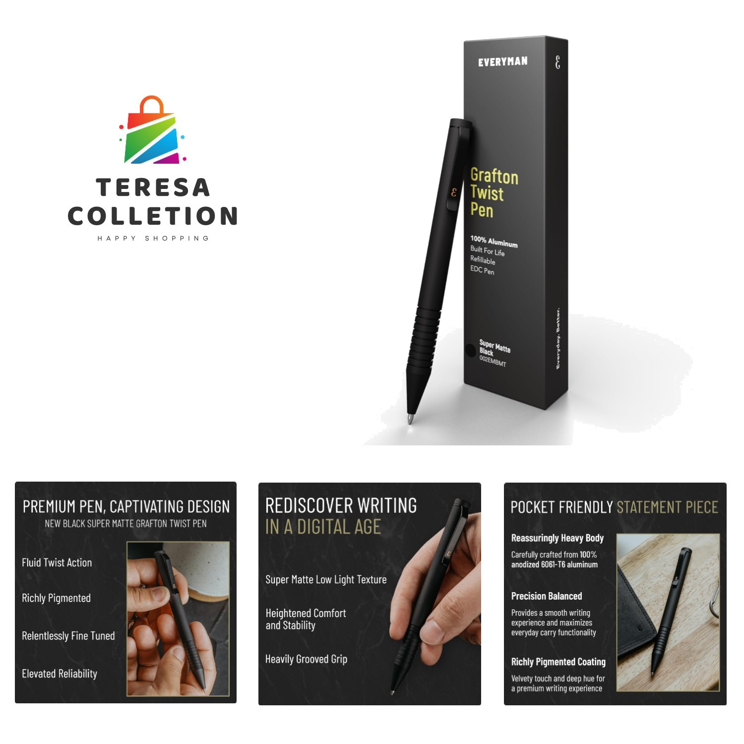 Super Matte Mini Twist Pen – Black | Compact Refillable 0.7mm Ballpoint Pen w…