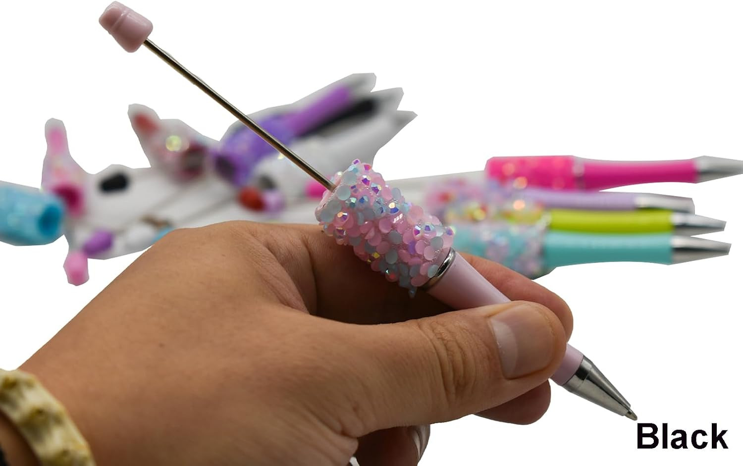 12 PCS Petal Glitter Beadable Ballpoint Pens Retractable Diamond Bead Pen Plasti