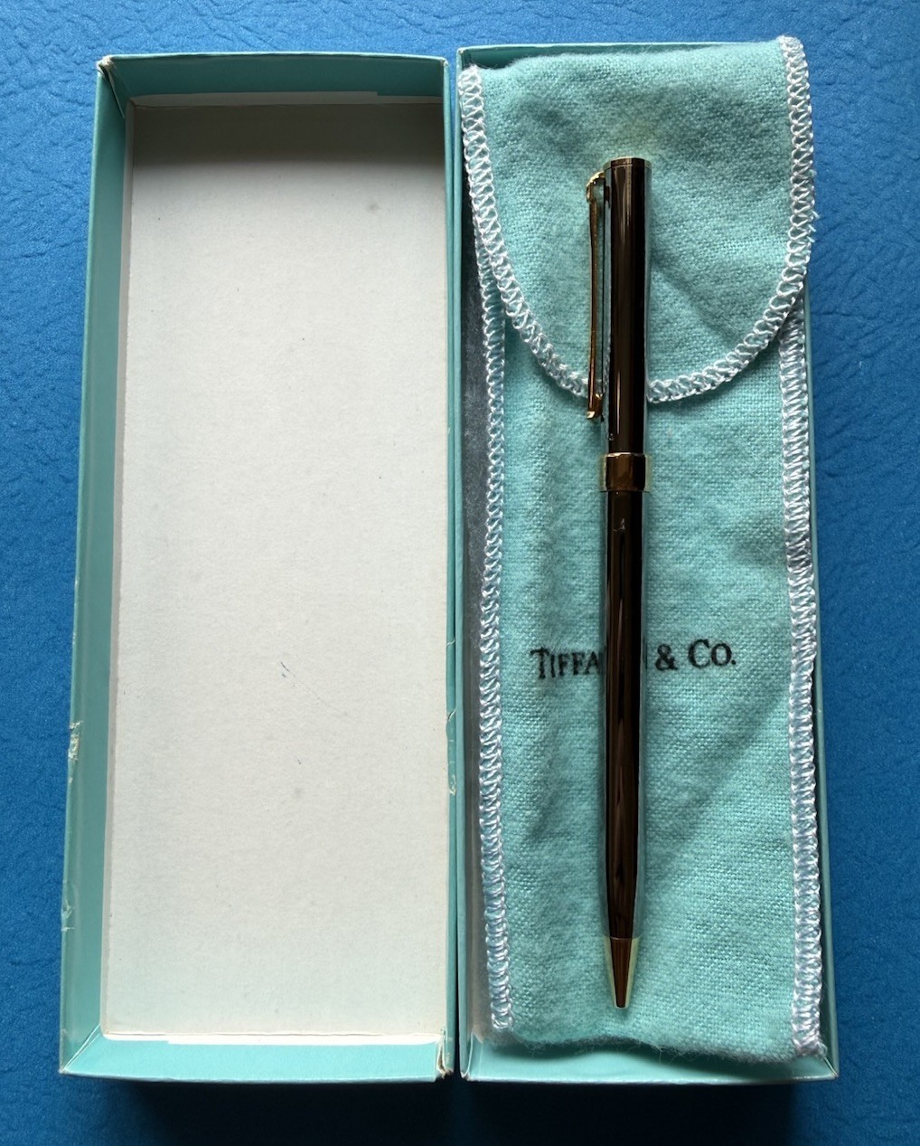Tiffany & Co. T Clip Ballpoint Pen -Silver & Gold With Box & Pouch Excellent