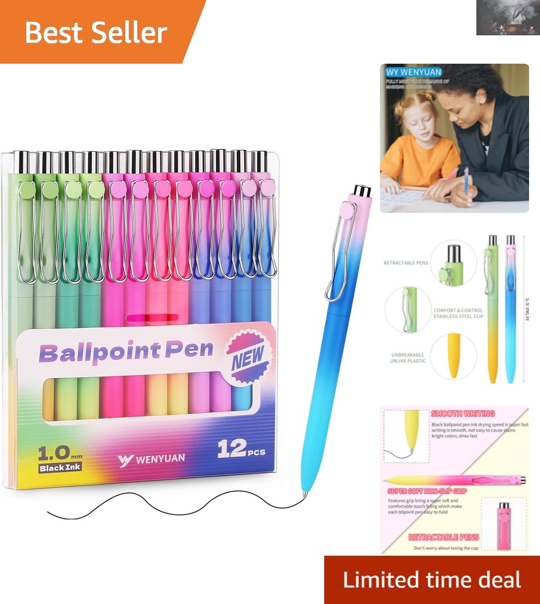 12 Pastel Retractable Ballpoint Pens – Non-Toxic 1.0mm Black Ink for Note Taking