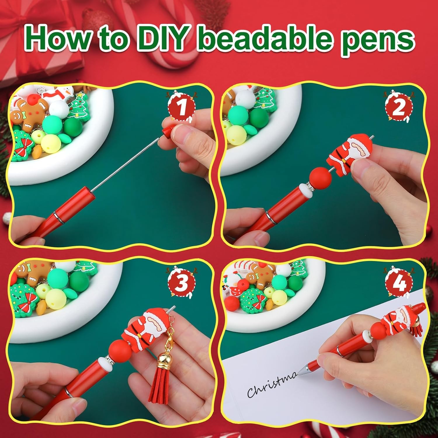 Christmas Beadable Pens, Plastic Beadable Pens with Multicolor