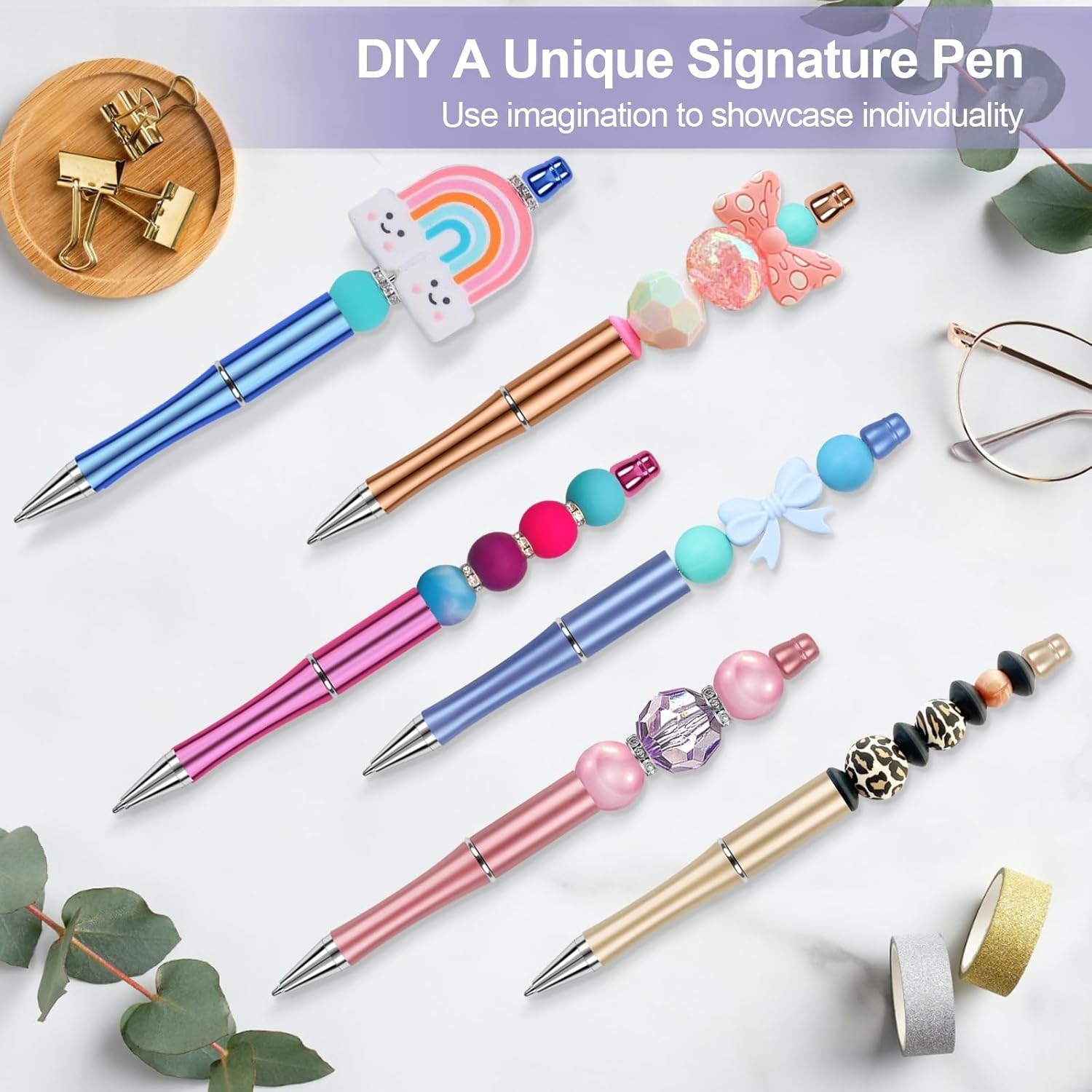 DIY Bead Pens 15 Count, Multicolor Smooth Writing Plastic Ballpoint Crafting Kit