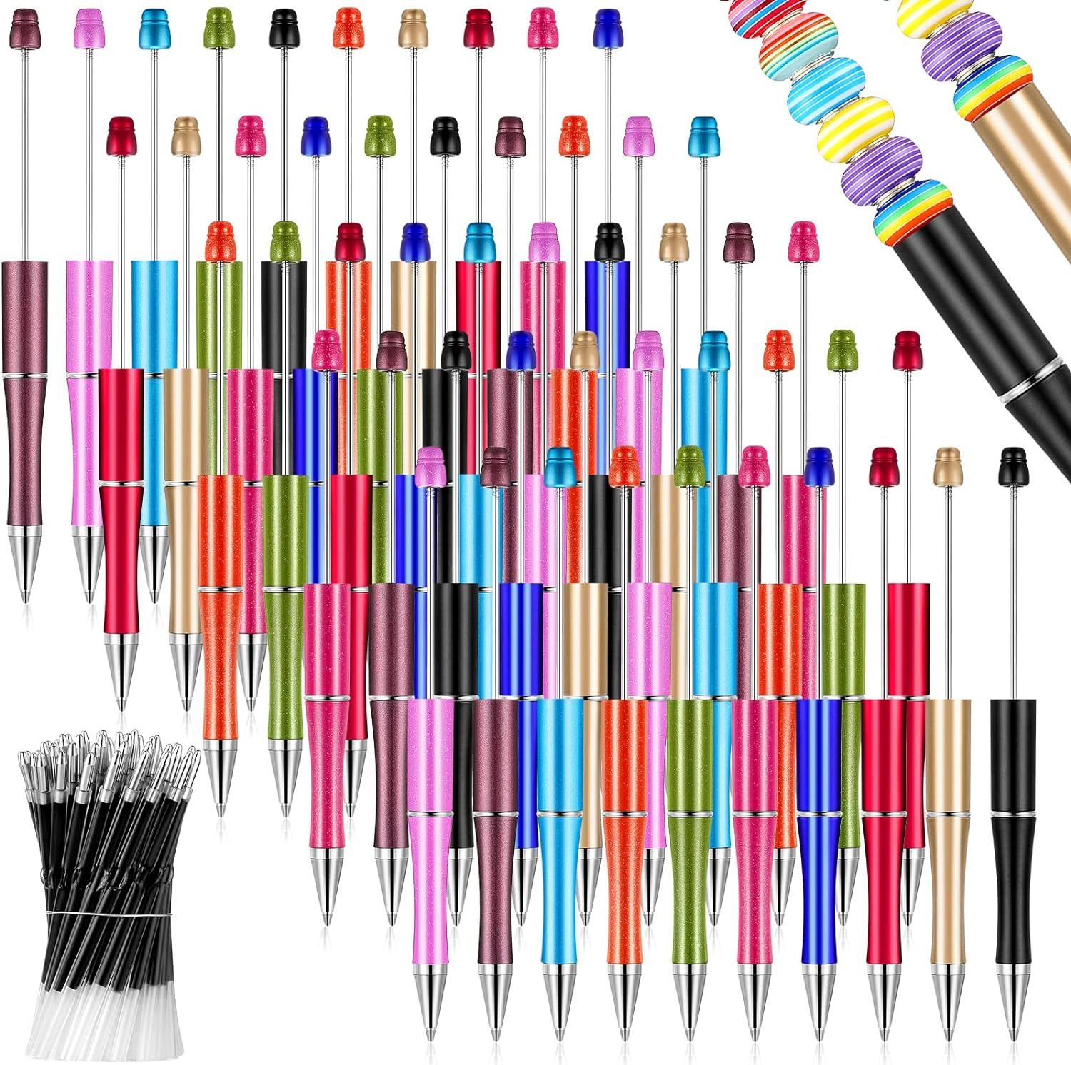 50 Pieces Plastic Beadable Pen Bulk Bead Ballpoint Shaft Black Ink Beaded Pens w
