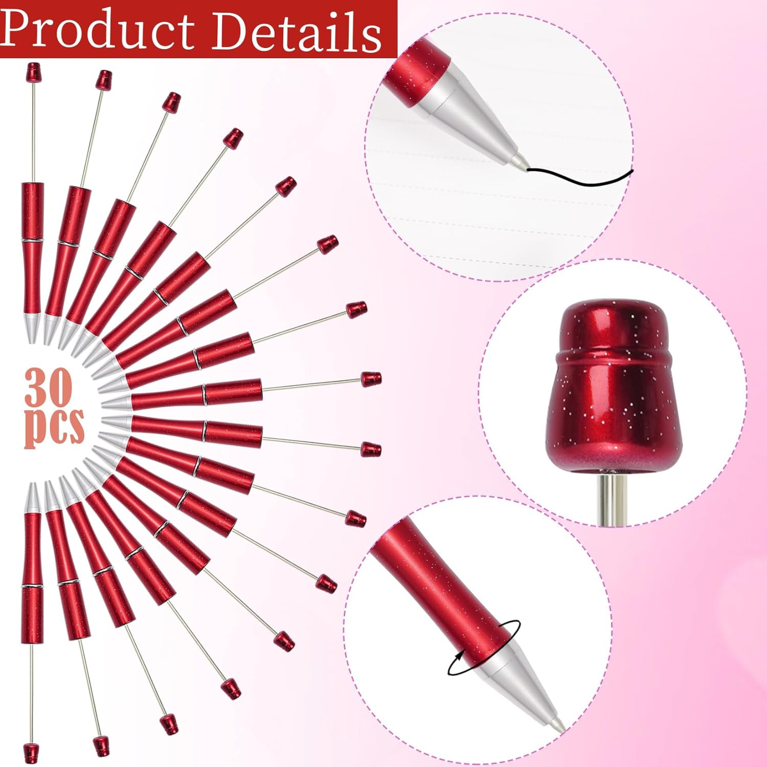 20Pcs Red Beadable Pens Plastic Bead Ballpoint Pens Bulk with 50Pcs Black Cute C