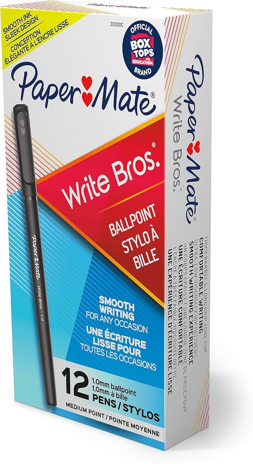 Paper Mate Ballpoint Stick Pens, Medium Point 1.0mm, Black Ink, 12 Pack