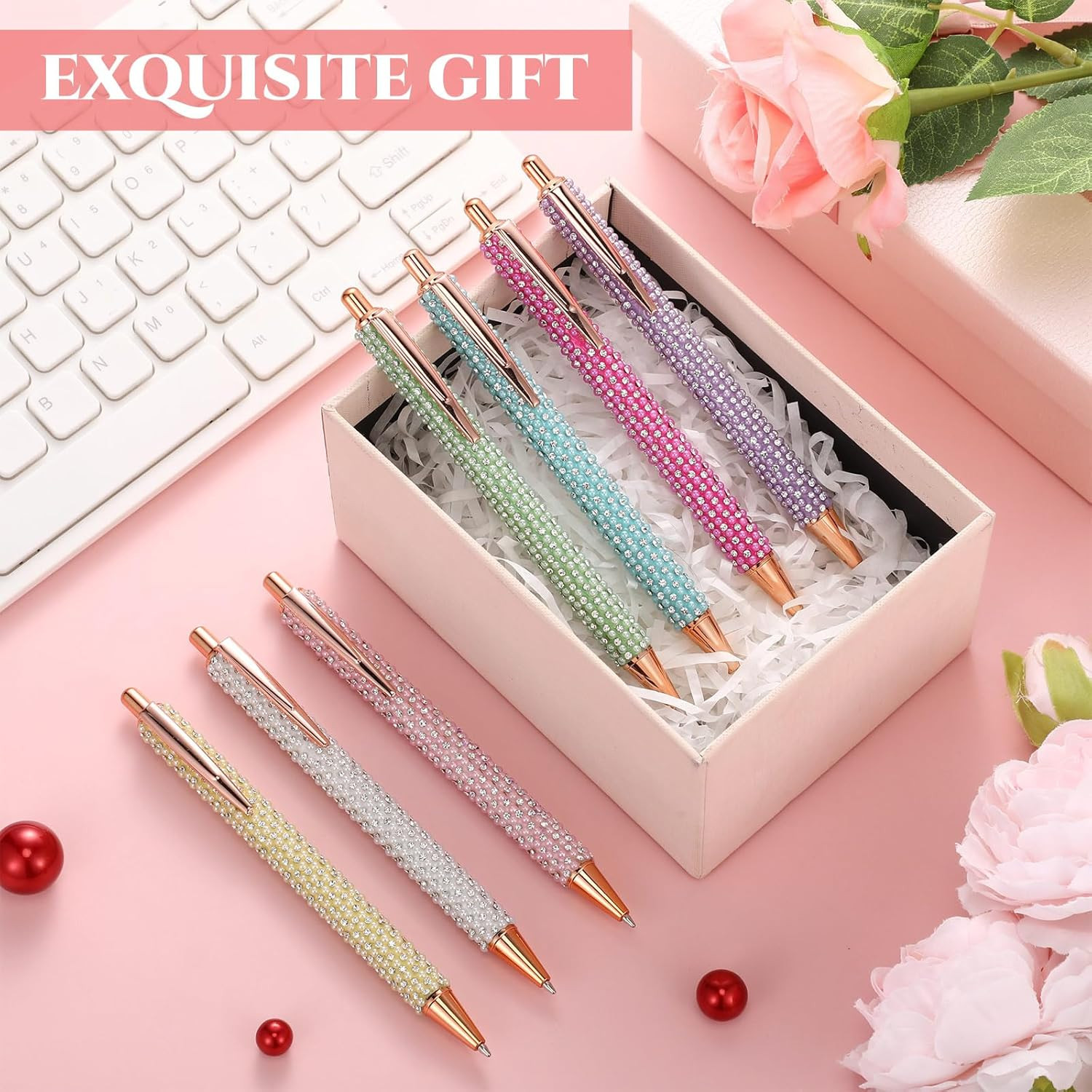 7 Pcs Fancy Pens for Women Cute Sparkly Glitter Pens with 10 Pcs Black Ink Refil