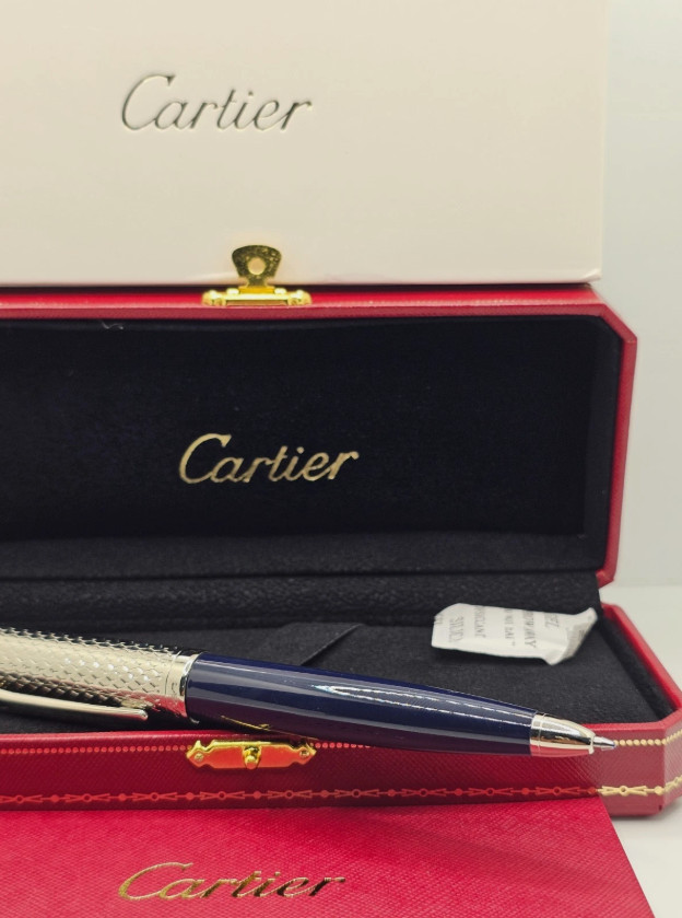 Cartier Guilloche Iced Blue Lacquer Ballpoint Pen Silver Trim Luxury Gift Box