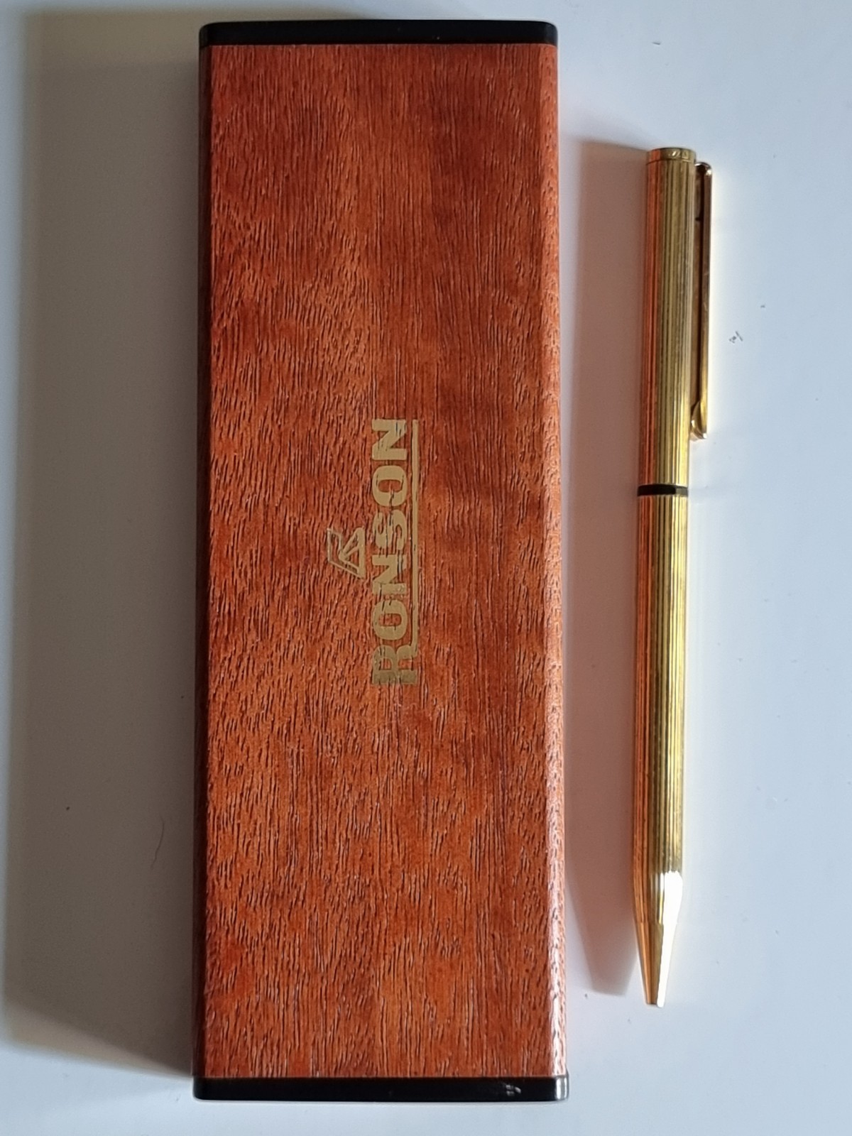 Ronson Gold Plated Ballpoint Pen with Wooden Case – Vintage, with Warranty