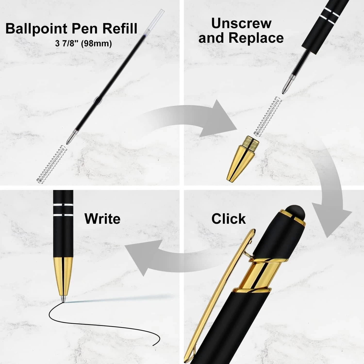 12 Pack Black Gold Ballpoint Pen with Stylus Tip 1.0 Mm Black Ink Smooth Writing