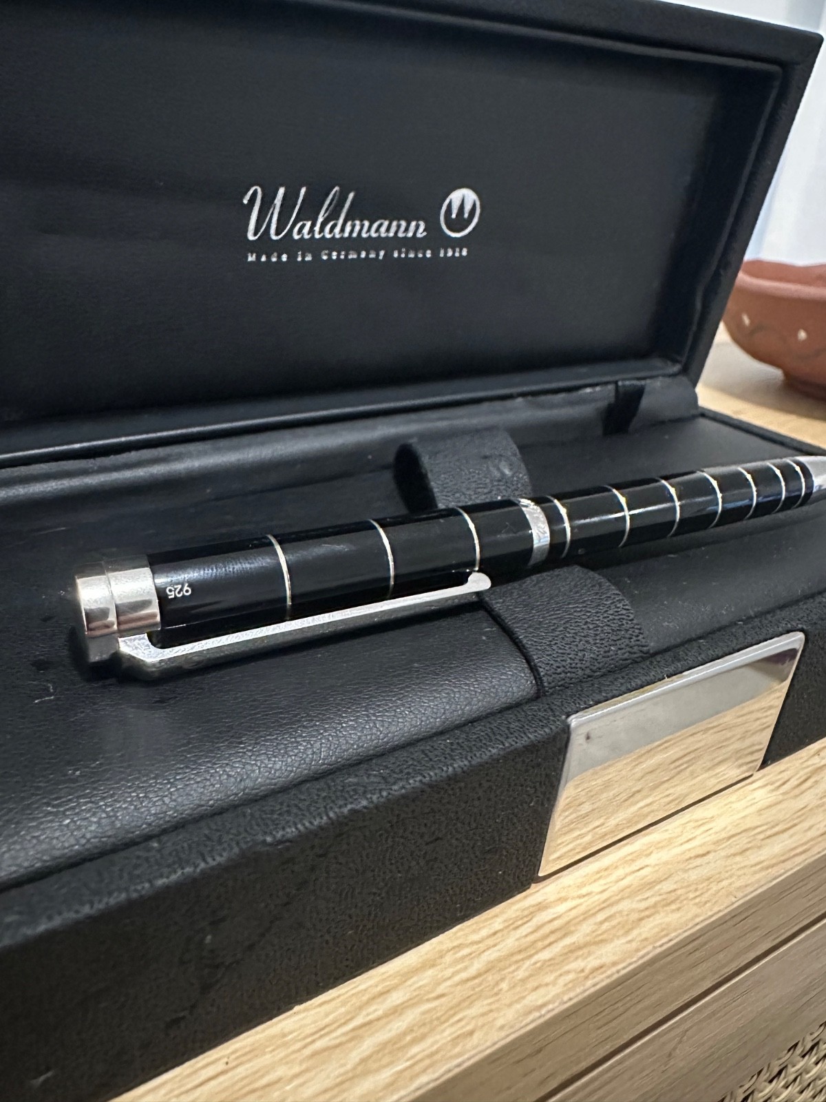 Waldmann 925 Sterling Silver Ballpoint Pen – Black Lacquer with Silver Spiral Ri