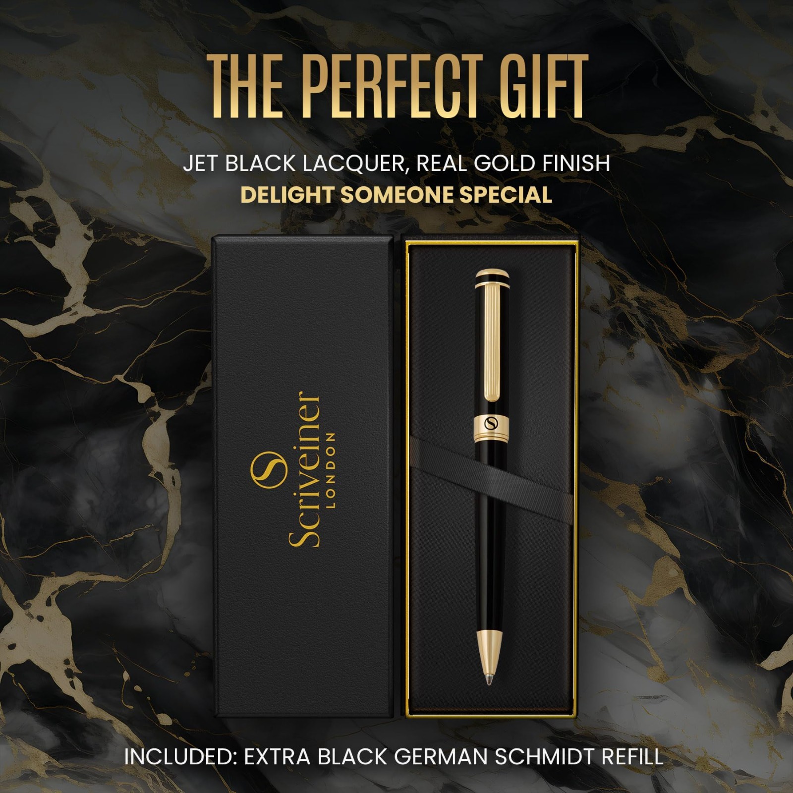 Luxury Black Lacquer Ballpoint Pen, Real Gold Plating, Schmidt Refill, Gift for
