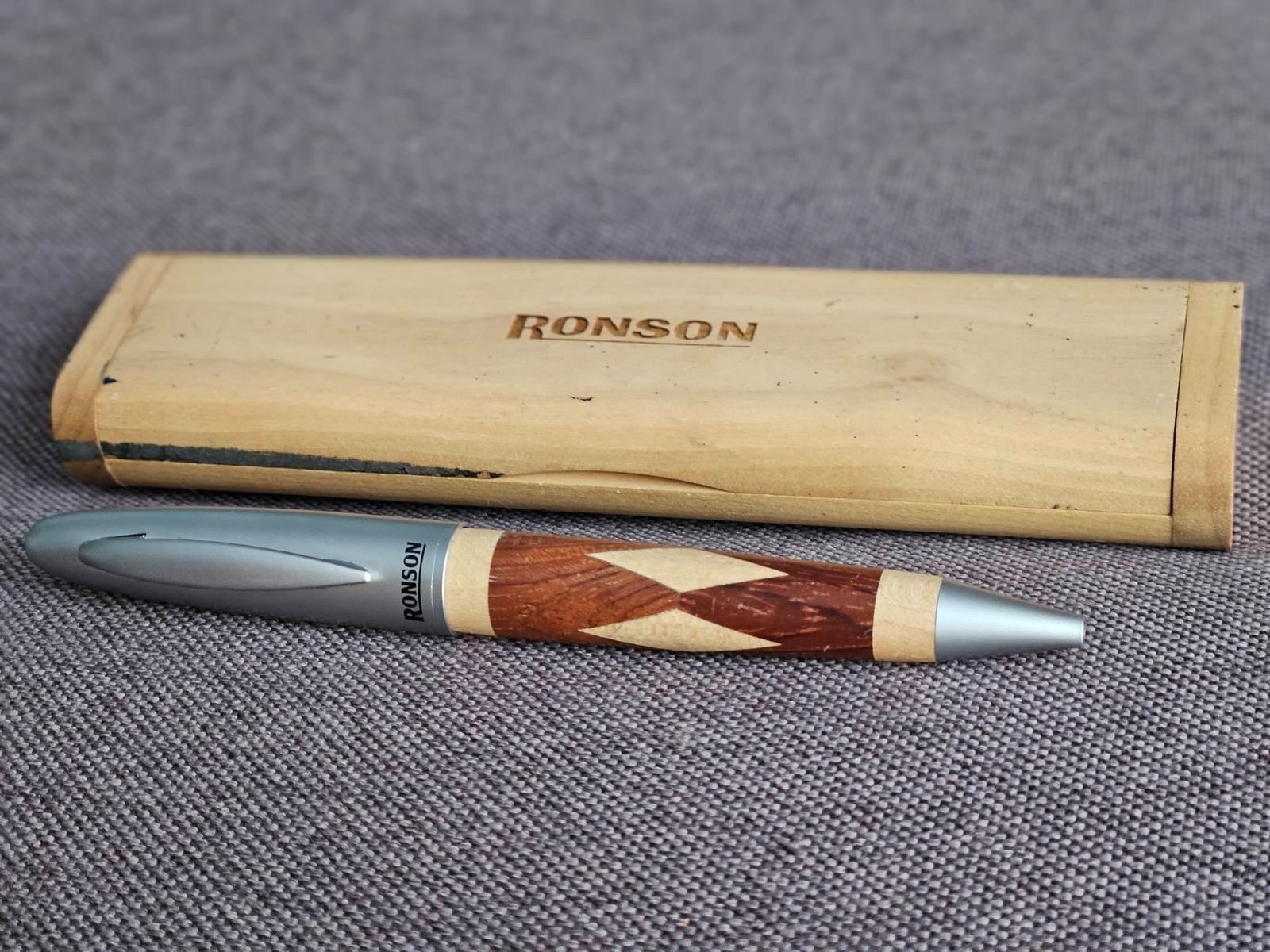 Ronson Ballpoint Pen w/ Original Wooden Case Wood Inlay Executive Writing Pen