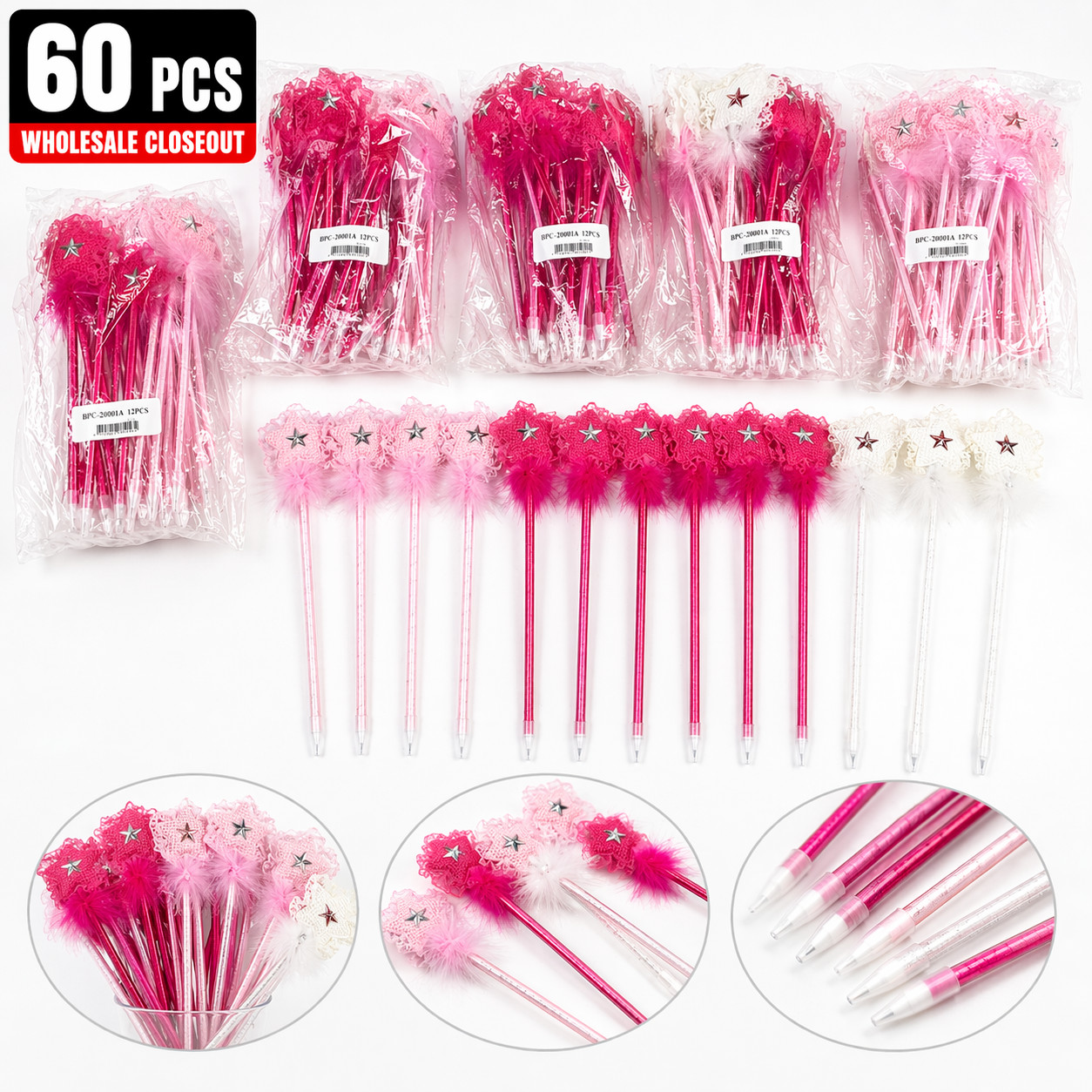 60pcs Wholesale Closeout Lot Sparkly Star Wand Pens Fluffy Feather Princess Bulk