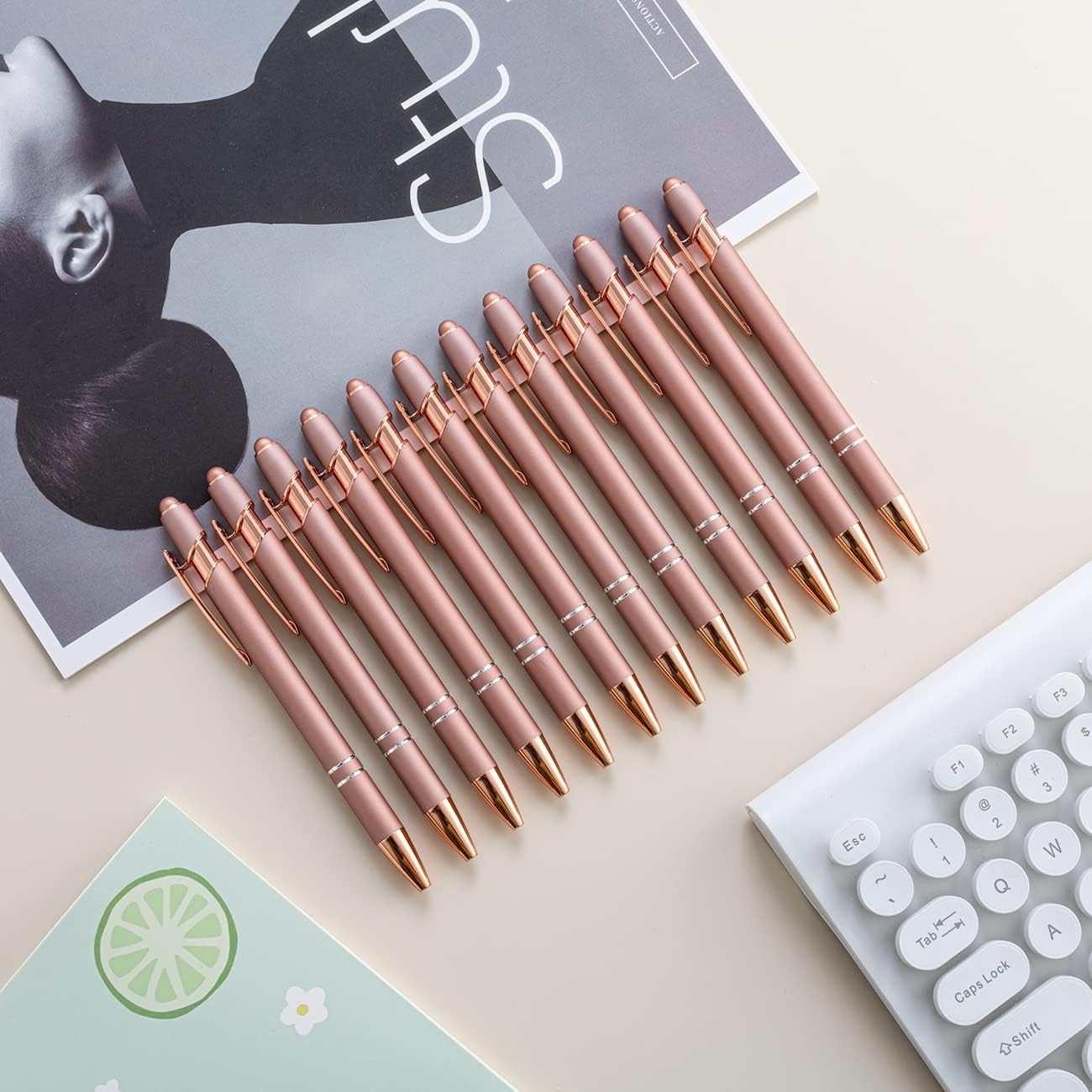 PASISIBICK 12 Pieces Rose Gold Ballpoint Pen with Stylus Tip 2 in 1 Stylish Met