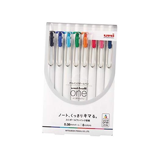 Uni Ball One, Gel Ink 0.38mm Ballpoint Pen, 8 Colors Set 1 Count (Pack of 8)